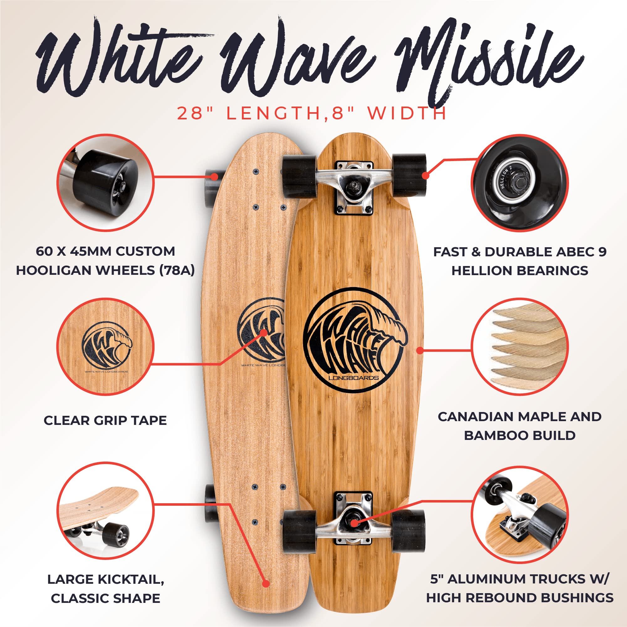 White Wave Bamboo Longboard Skateboard (Missile) : Amazon.ae