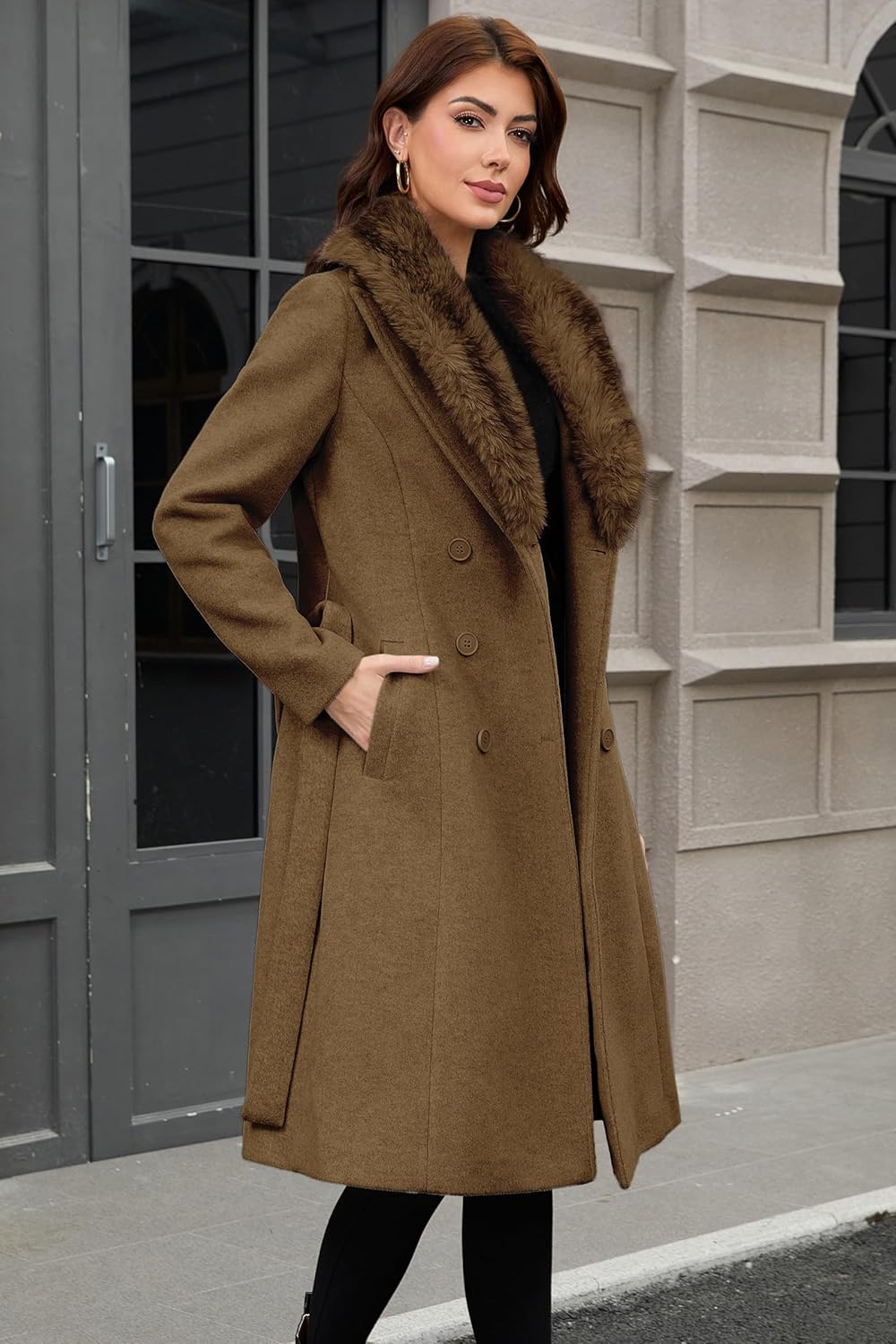 PAPILLON D'OR WEAR YOUR WINGS Women's Long Wool Coat - Double-Breasted Belted Trench with Detachable Faux Fur Collar - Image 3