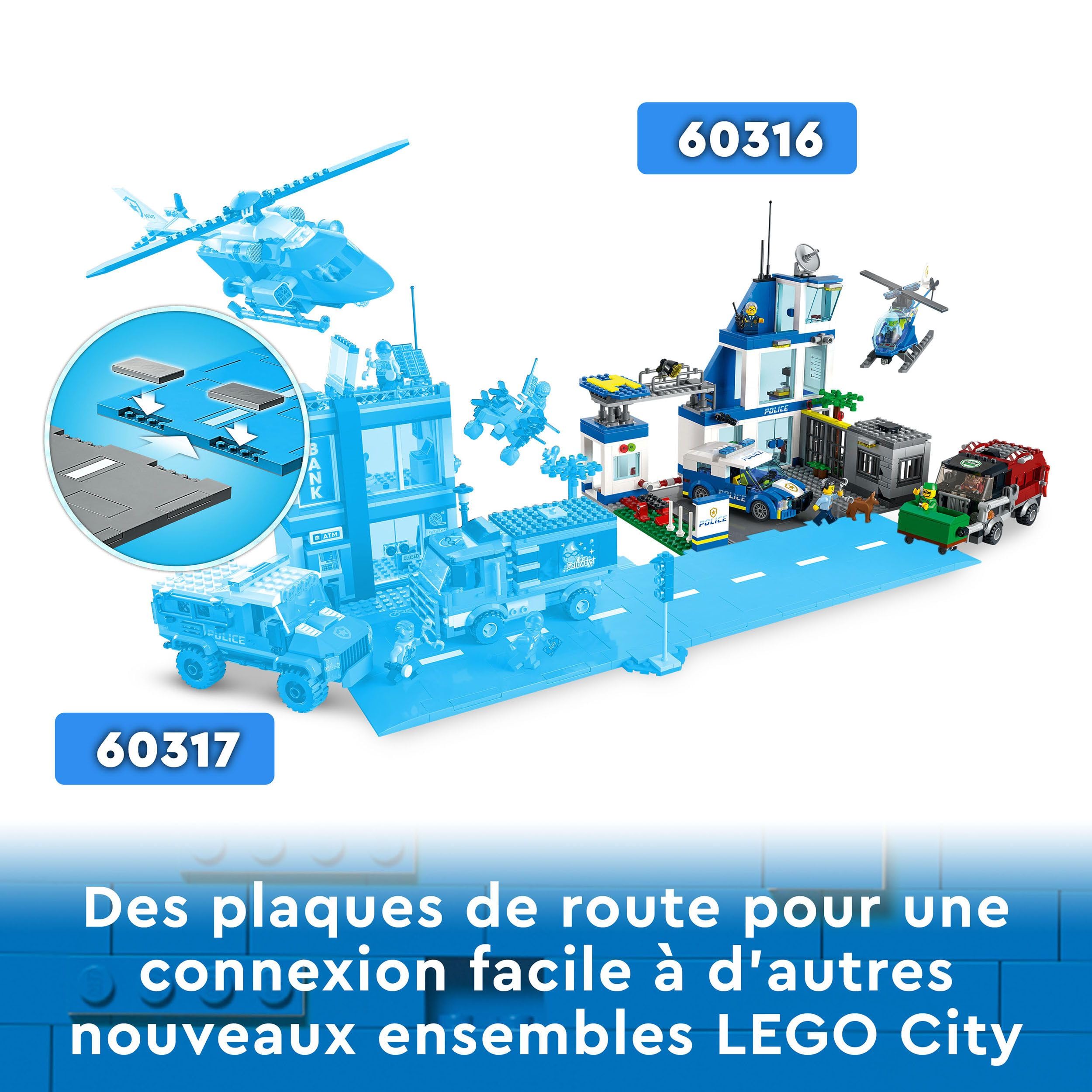 LEGO 60316 City Le Commissariat de Police, Jouet de Voiture, Camion de Poubelle et Hélicoptère, Figurine de Chien, pour Garçons et Filles de 6 Ans