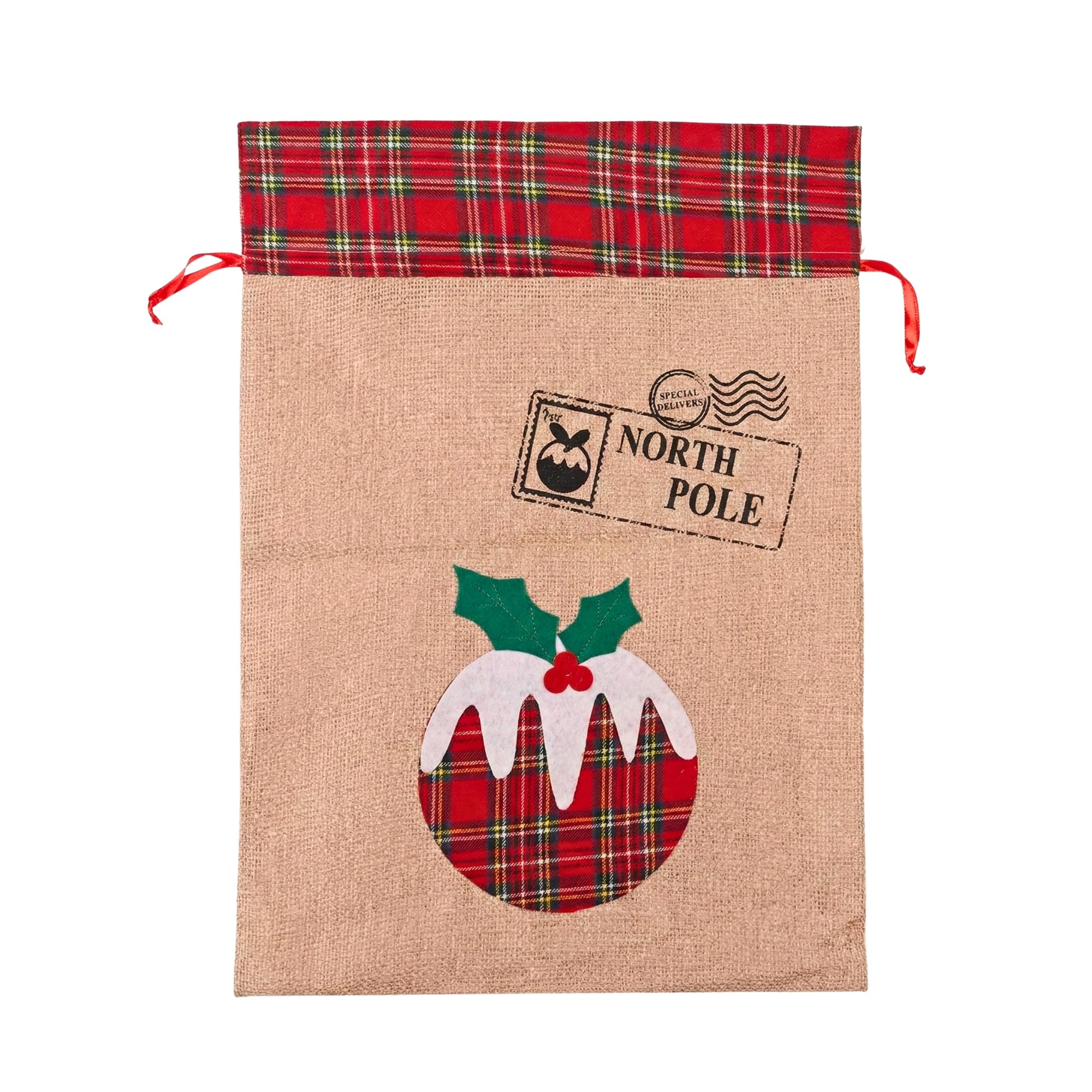 Shatchi Christmas Pudding Large Santa Sack 70X50cm, Burlap Hessian Linen Bag, Reusable Xmas Stocking Sack For Kids, Toy Storage, Festive Home Decorations And Christmas Morning Surprises