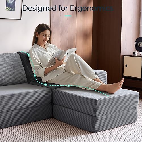 Miniatura 7 de LINSY HOME Sofá cama convertible con 2 almohadas y otomana, sofá modular en forma de L, sofás plegables de pana, sofá de compresión para sala