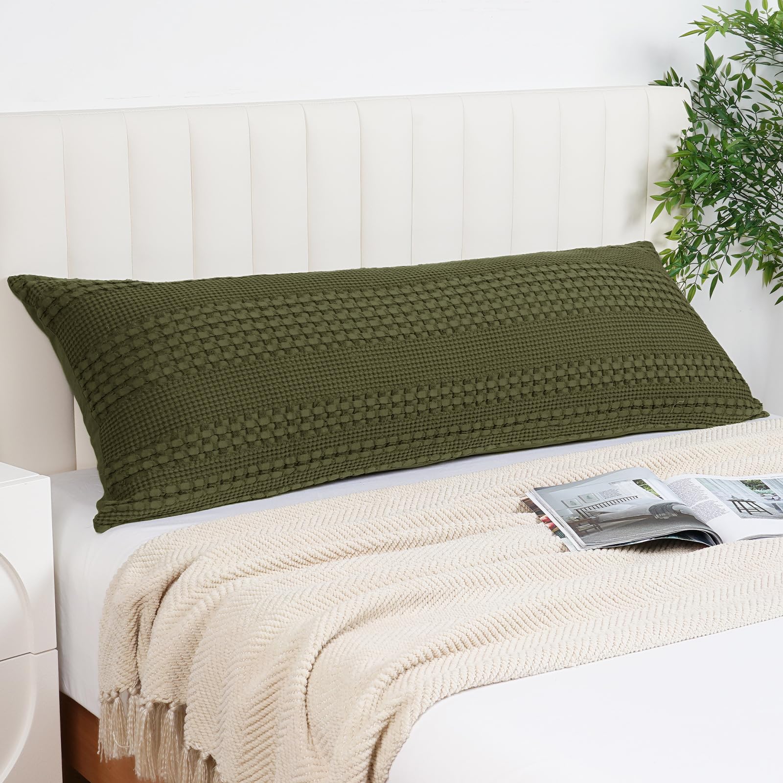 phf 100% cotton waffle body pillowcase with zipper, 1 pack 20" x 54" soft skin-friendly pillow sham, no filling, aesthetic woven and breathable waffle weave body pillow cover for bed, capulet olive