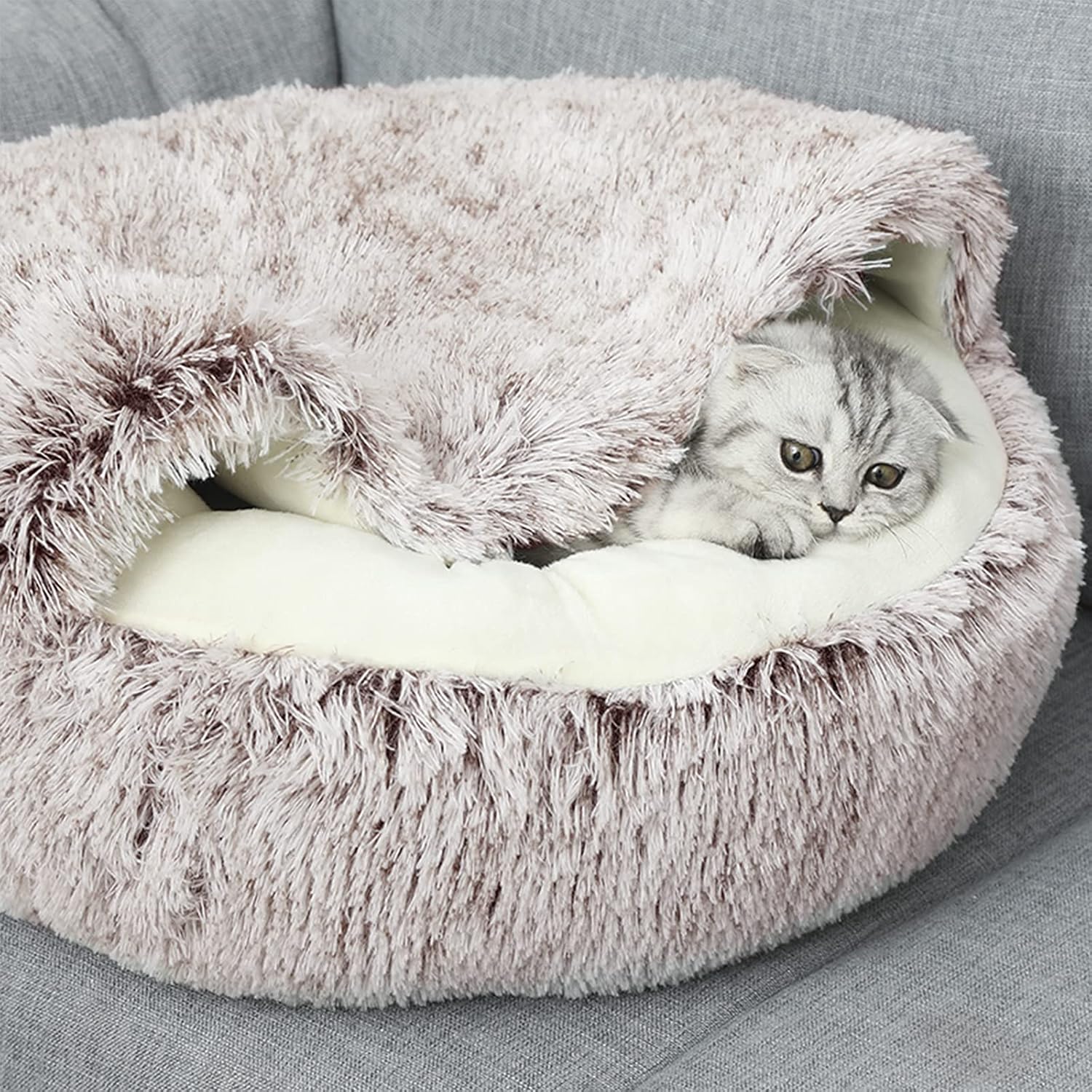review Cat Bed Round Plush Fluffy Hooded Cat Bed Cave, Cozy for Indoor Cats or Small Dog beds, Soothing Pet Beds Doughnut Calm Anti-nxiety Dog Bed - Waterproof Bottom Washable (26×26inch, Coffee)