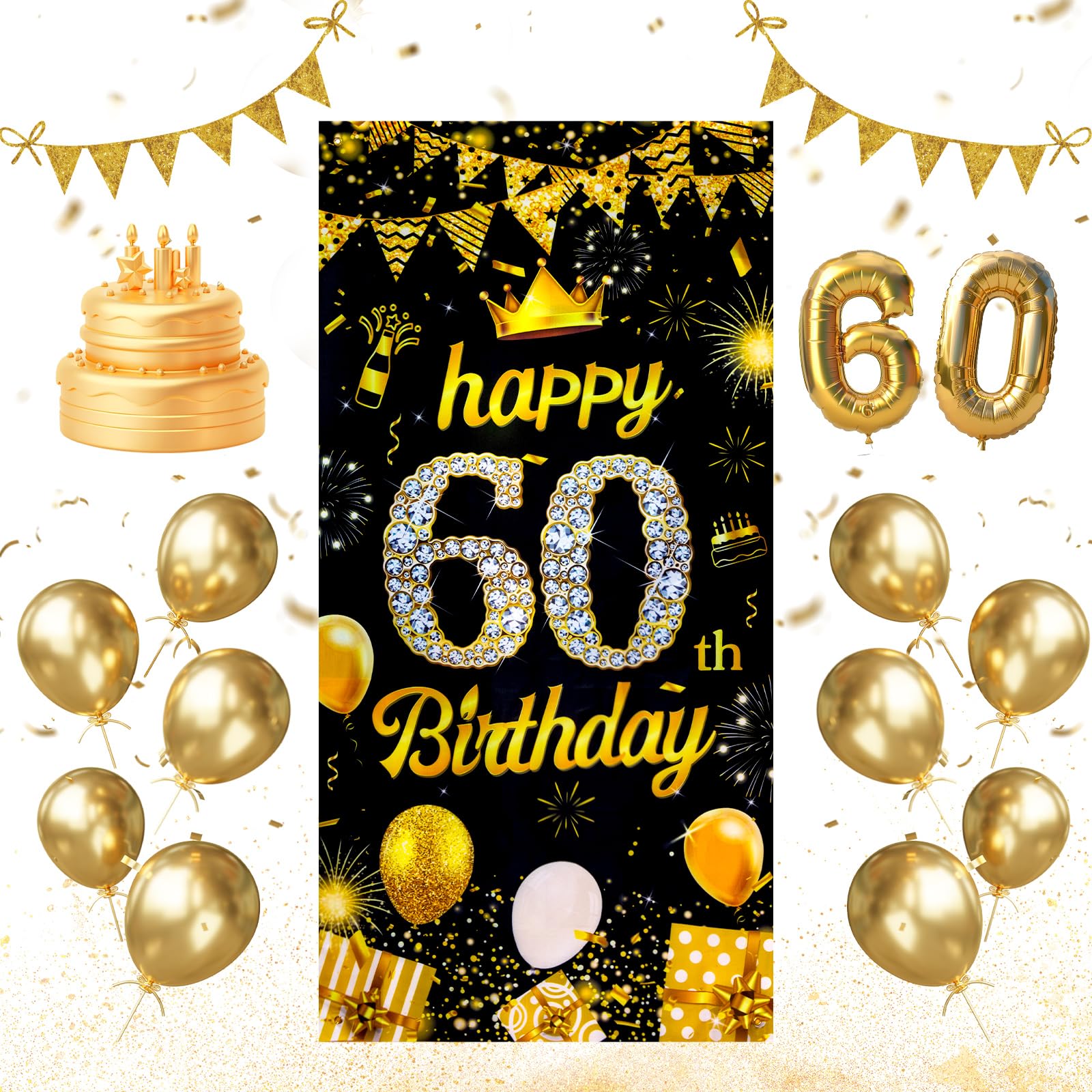 Geburtstagsbanner 60 Jahre 180 x 90cm - 60.Geburtstag Deko Banner | Hintergrund Waschbar und Faltbar Leicht und Einfach Aufzuhängen,Türbanner 60.Geburtstags,für Wände Schlafzimmer Fenster Türen