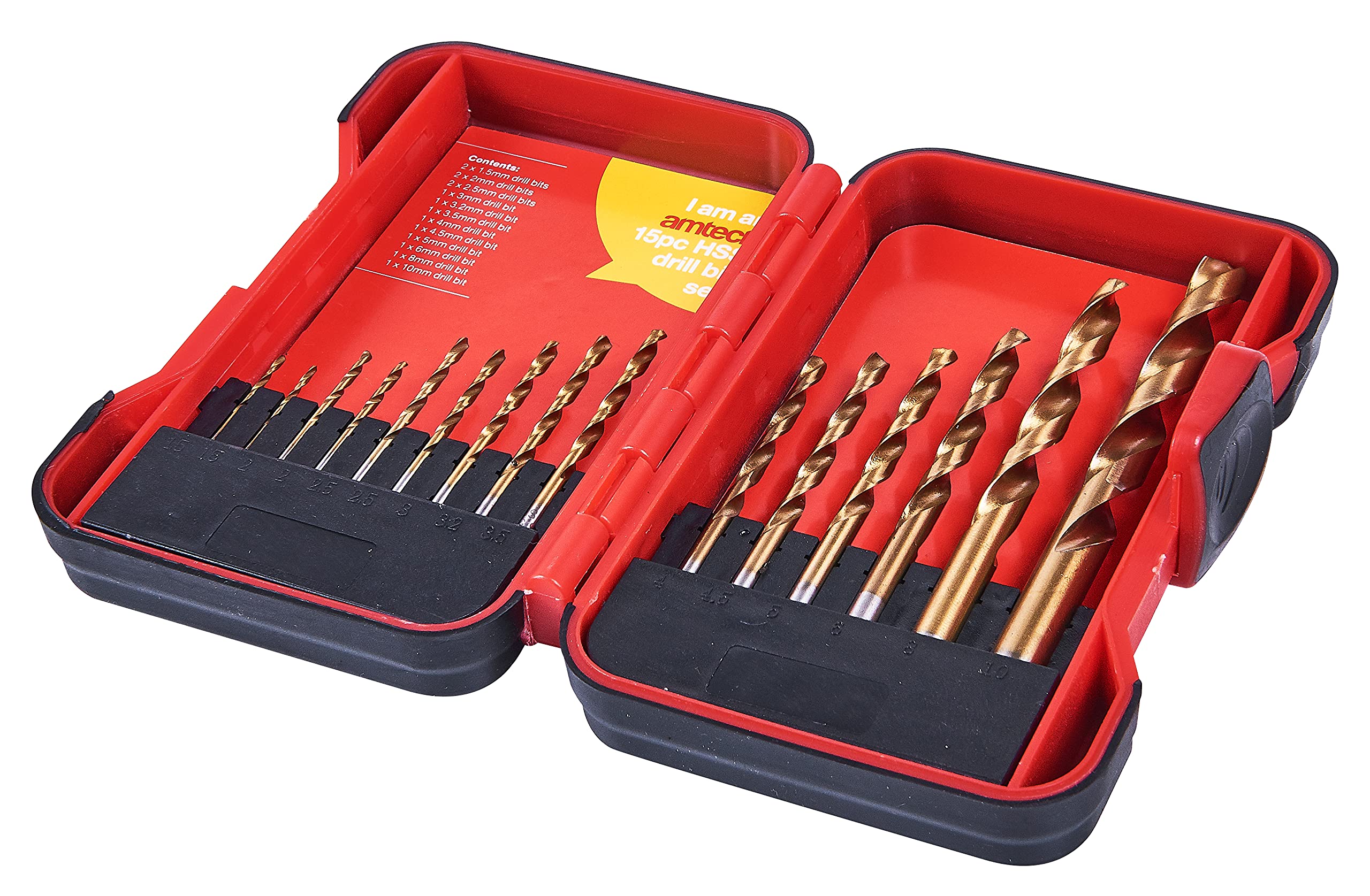 Amtech - 15pc HSS Drill Bit Set Titanium Nitride Coated, durable long-life bits for clean holes in wood, plastics & mild steel, ready for DIY & trade projects, sizes 1.5–10mm