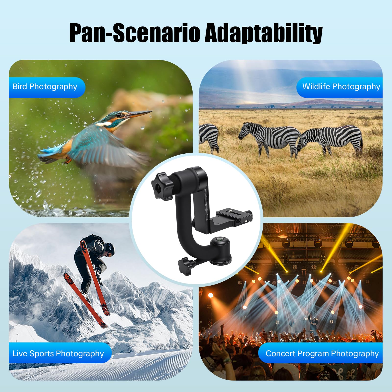 360 gradi Panorama Gimbal Testa Treppiede professionale 1/4" in alluminio e ABS con capacità di carico 20 kg e rotazione a 360°, testa panoramica a 360°, per fotocamere DSLR, sport fotografia di
