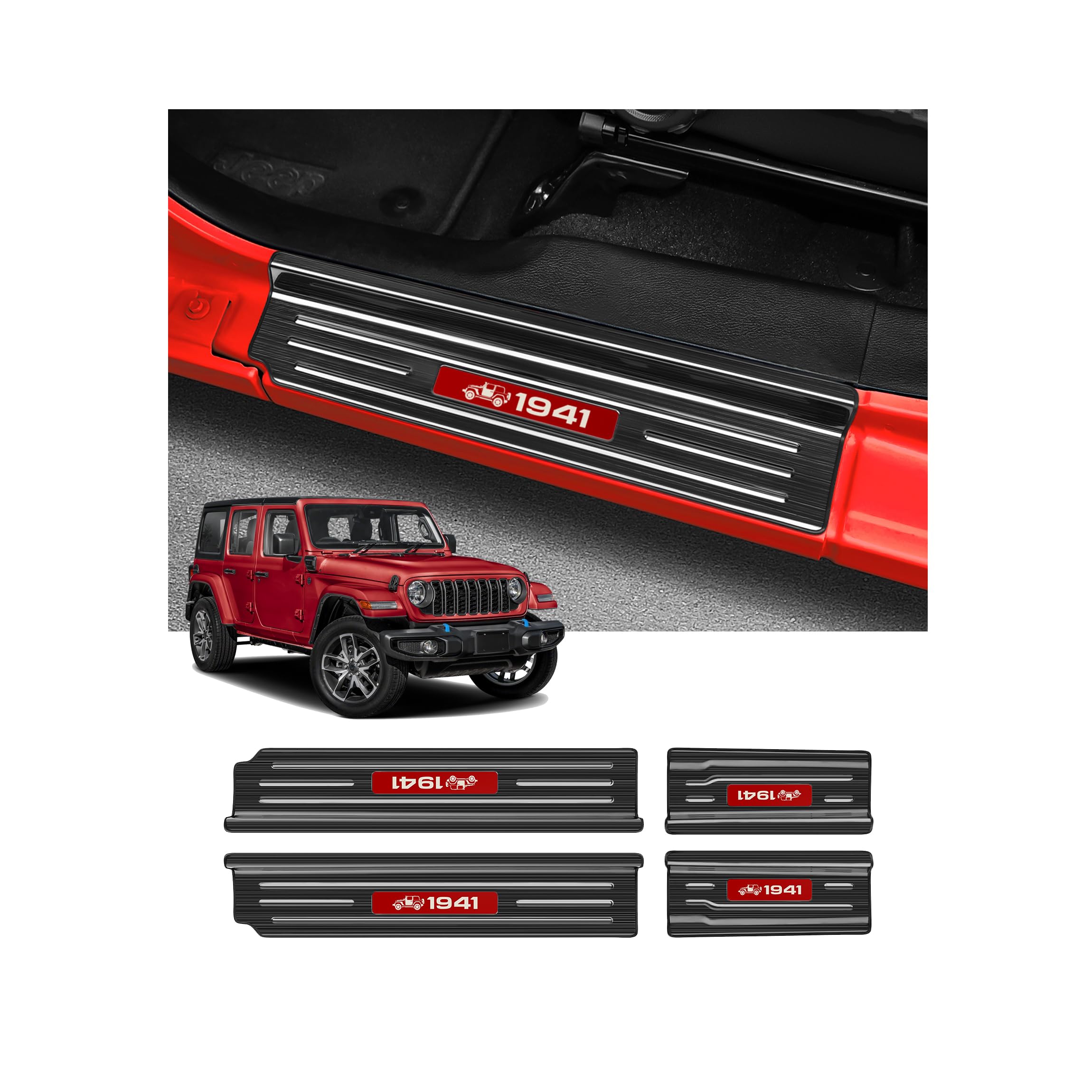 4PCS Door Sill Guards for Jeep 2018-2026 Wrangler JL JLU &amp; 2020-2026 Gladiator JT Accessories Stainless Steel Material Red Trim Door Sill Protector Black Brushed Front Rear Door Entry Guard