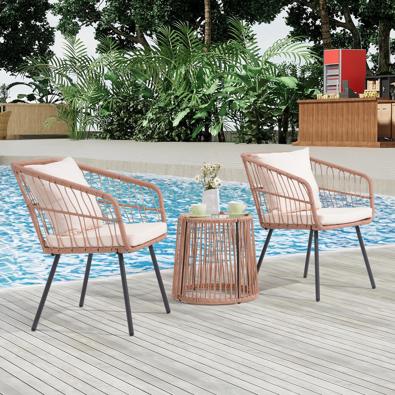 OC Orange-Casual Outdoor 3-TLG Balkon Set, Bistro Set, Rattan Gartenmöbel mit Kissen, Couchtisch mit Glastischplatte,Sitzgruppe für Garten, Balkon, Hinterhof, Natur