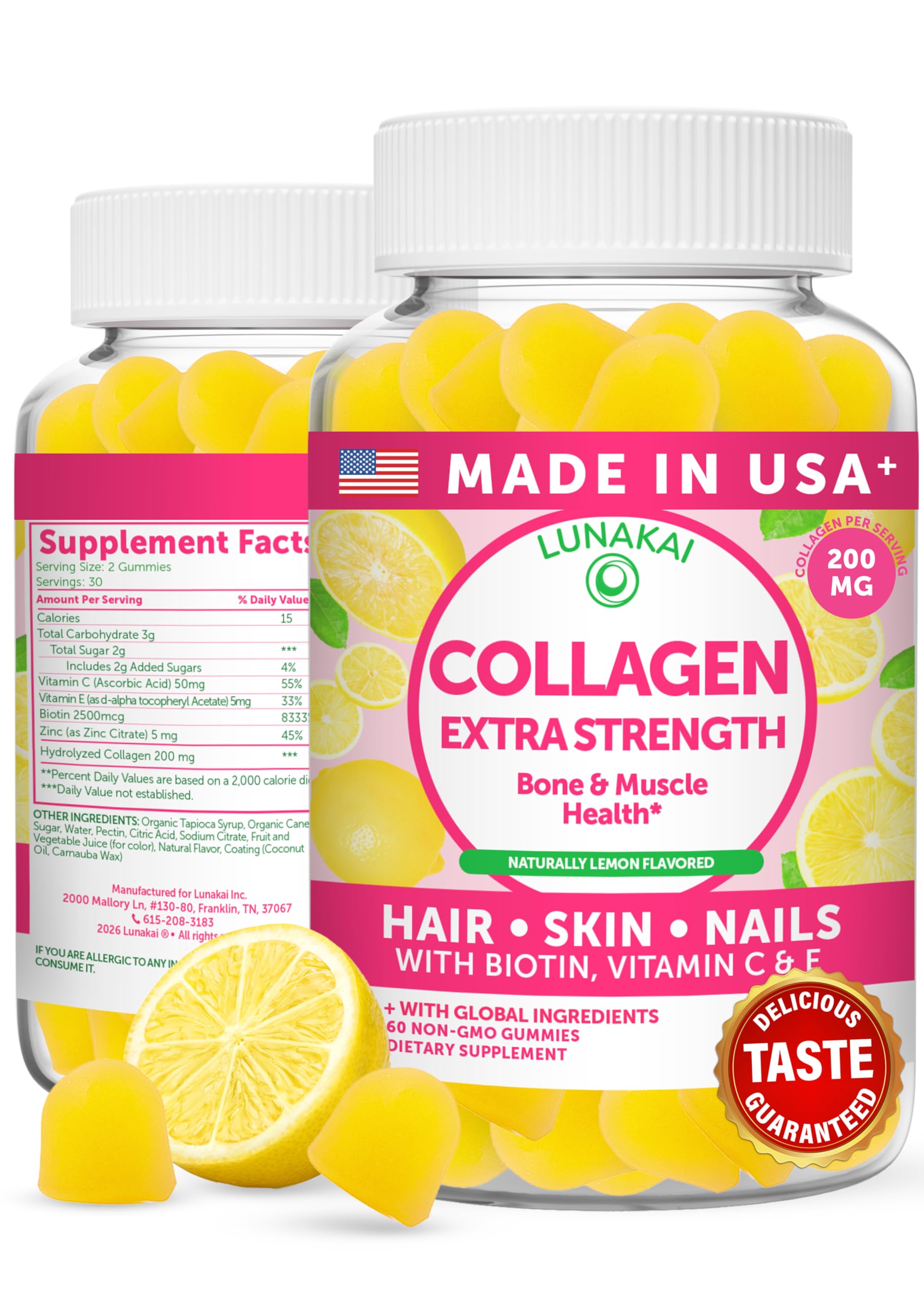 Lunakai USA Made Collagen Peptides Gummies - 200mg Non-GMO Anti-Aging Formula with Biotin, Zinc, Vitamins C & E for Hair, Skin and Nails, 60ct