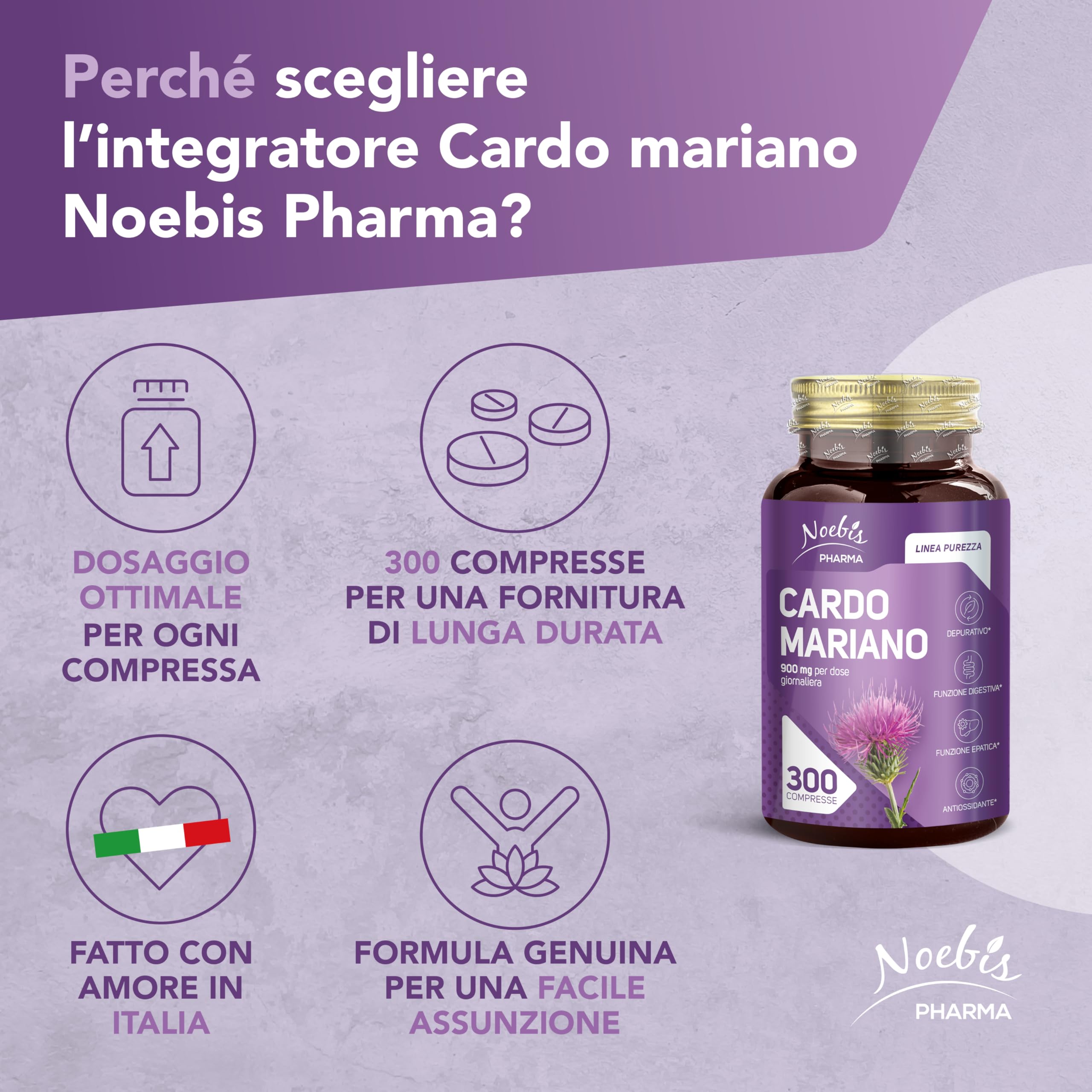 Cardo Mariano Noebis Pharma - Estratto Secco di Cardo Mariano con Silimarina - 300 Compresse - Supporto Fegato, Digestione e Azione Antiossidante (Confezione da 4)