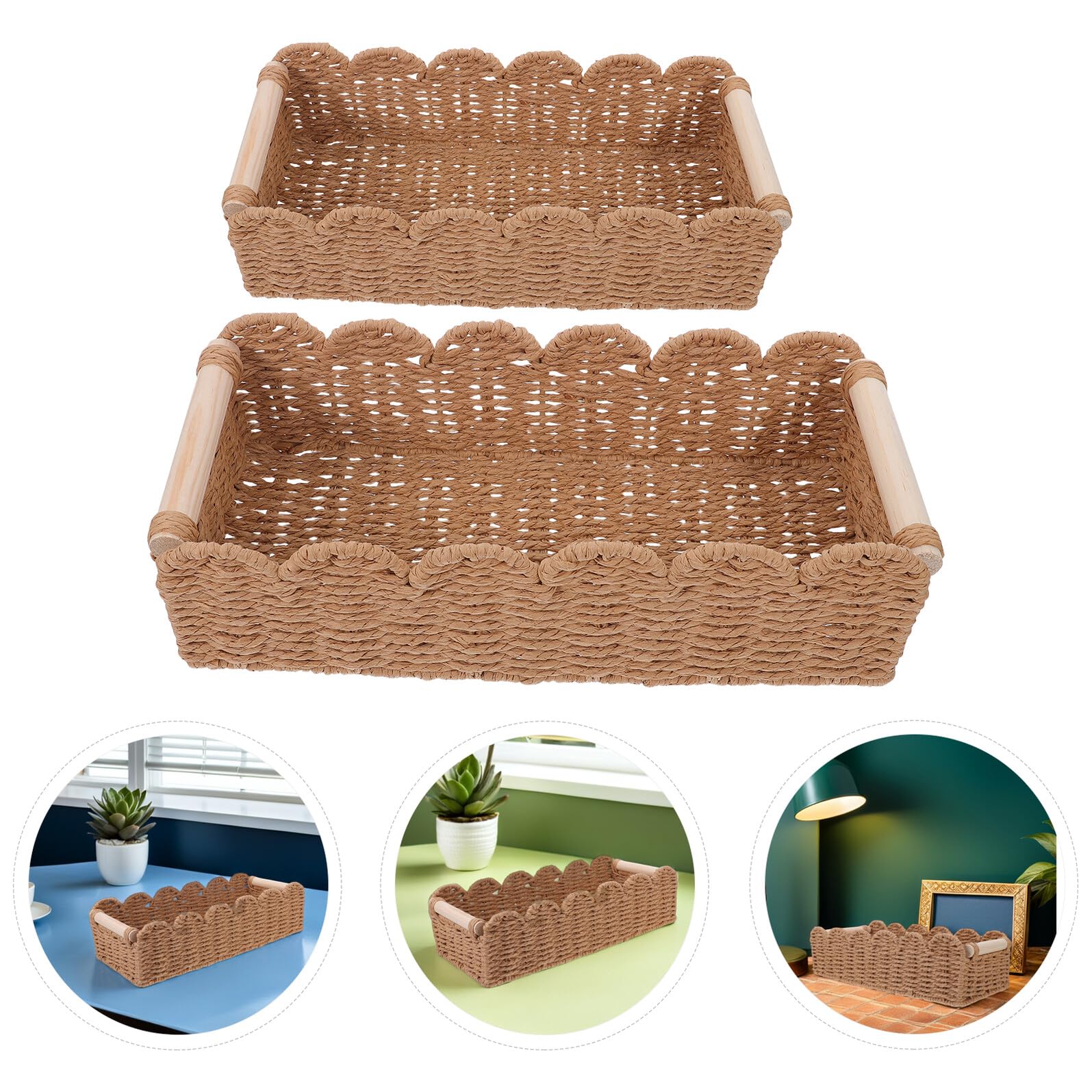 Cesta de Almacenamiento para Papel Higiénico con Borde Festoneado y Asas de Madera, Cesta Grande y Pequeña de Cuerda de Papel Tejida, Organizador Decorativo para Baño y Estante, 2
