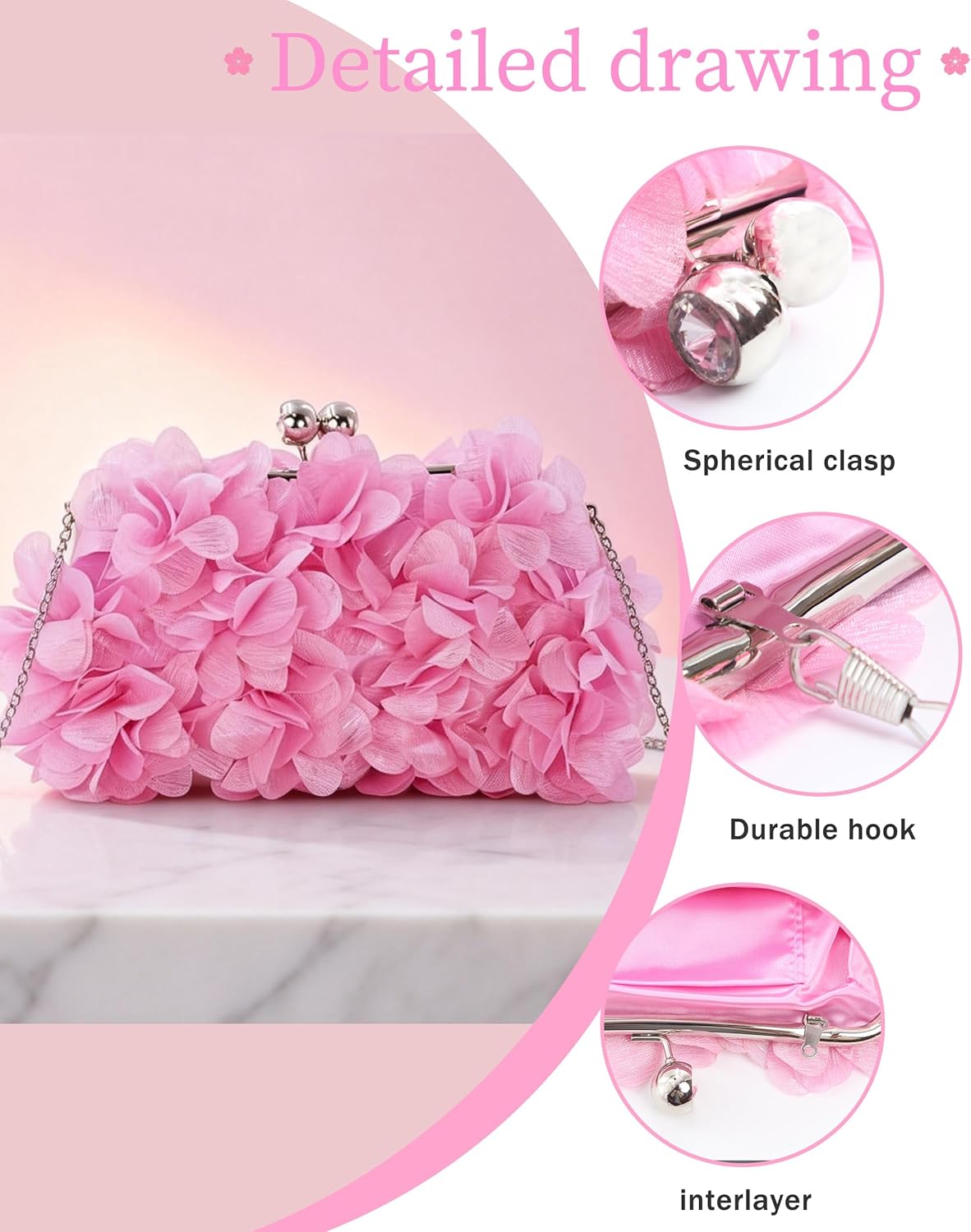 Women Elegant Evening Purse, Small Floral Clutch Bag with Detachable Chain for Wedding, Party, Prom - Image 3