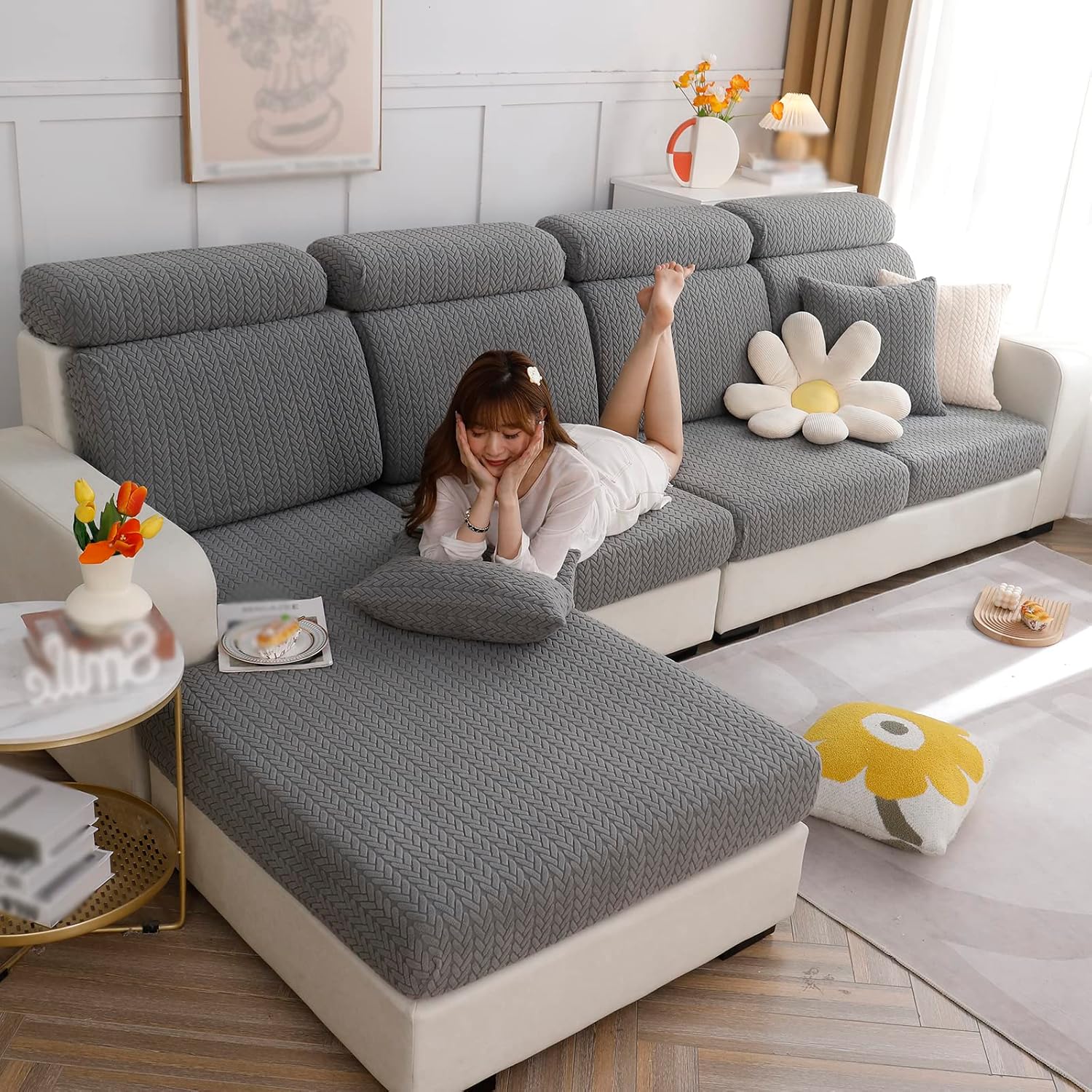 Universal Sofa Cover Replacement, Stretch Wear-Resistant Loveseat Couch Cushion Slipcovers, Anti-Slip Chaise Lounge Slip Cover, Couch Covers for Sectional Sofa L Shape(Gray,Large Double Seat Cover)