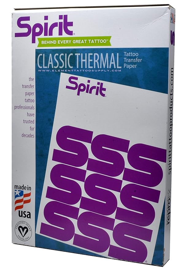Spirit® Classic Thermal Tattoo Transfer Paper 8.5" X 11" - 100 Sheets, Tattooing Stencil Paper, Proudly made in the USA
