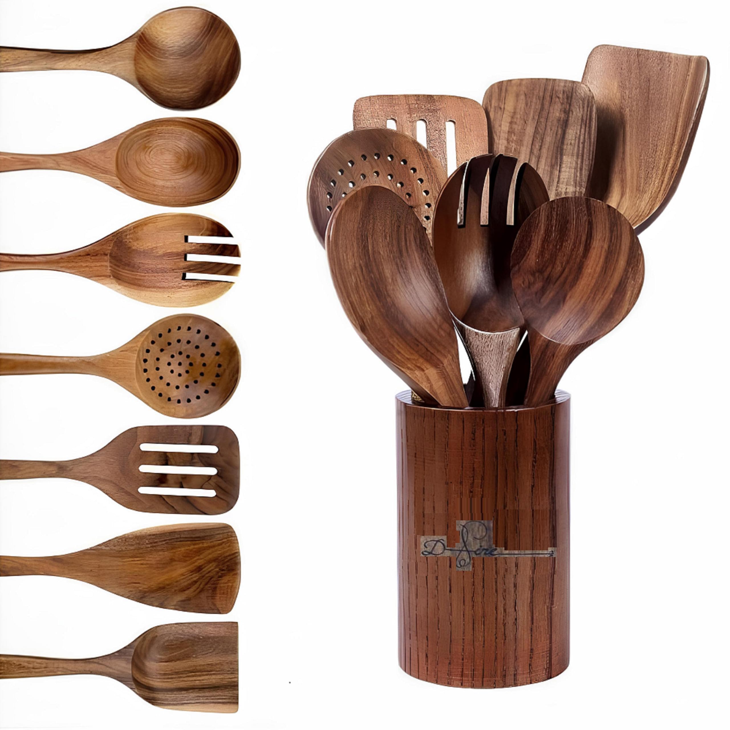 Ensemble d'ustensiles de cuisine en bois d'acacia 7 + 1 spatules essentielles en bois d'acacia pour un usage quotidien