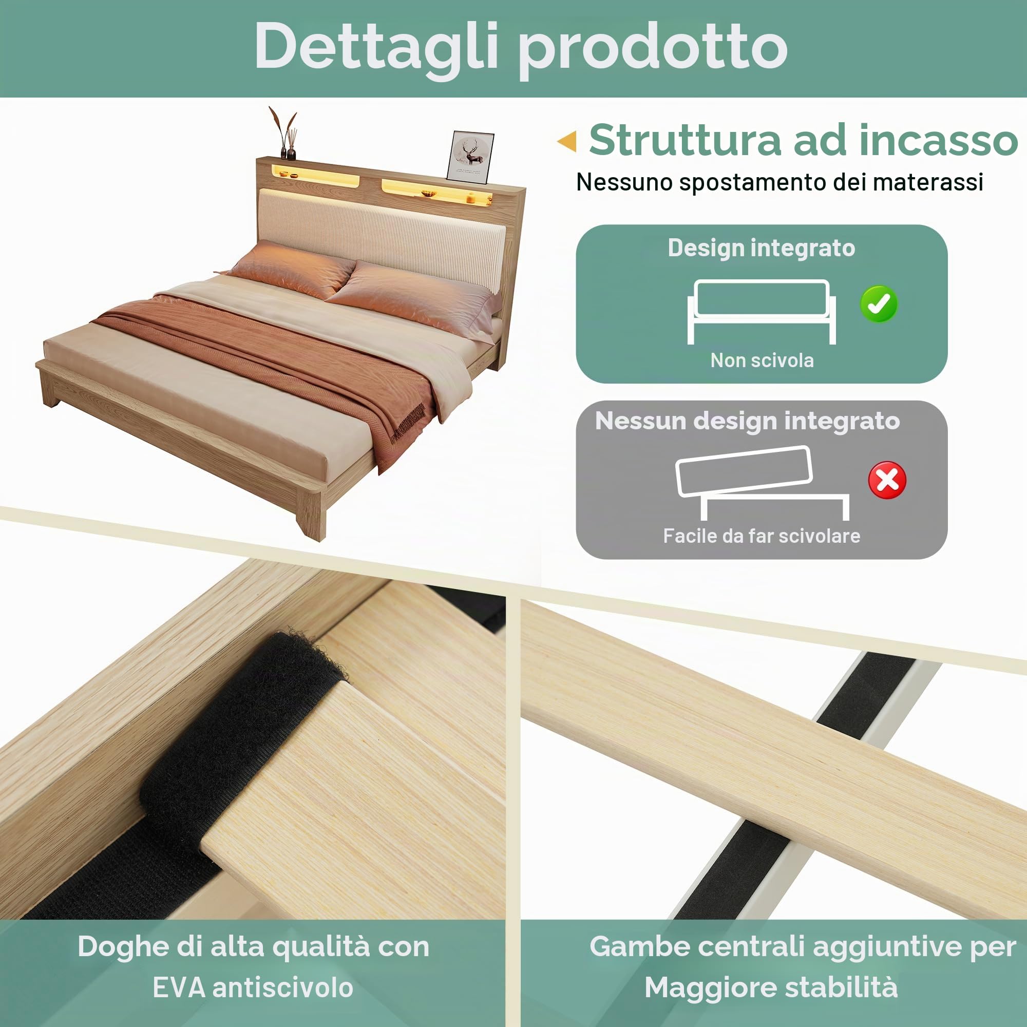REXO Letto matrimoniale in legno 180×200cm, testiera con vano portaoggetti, illuminazione a LED e schienale imbottito in corda beige, telaio del letto con doghe in legno, rovere chiaro (senza