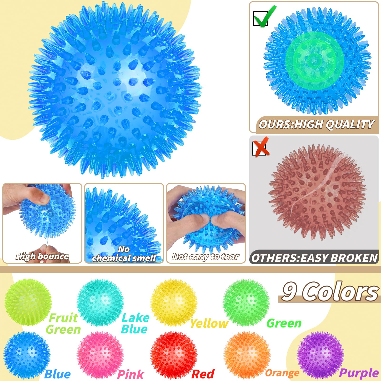 Quietschendes Hundespielzeug, Bälle, stachelige Hundebälle, Kauspielzeug zum Zahnen, langlebig, hohe Sprungkraft, TPR, Apportierspielzeug, 9 Farben, Wasserspielzeug für große, mittelgroße Hunde