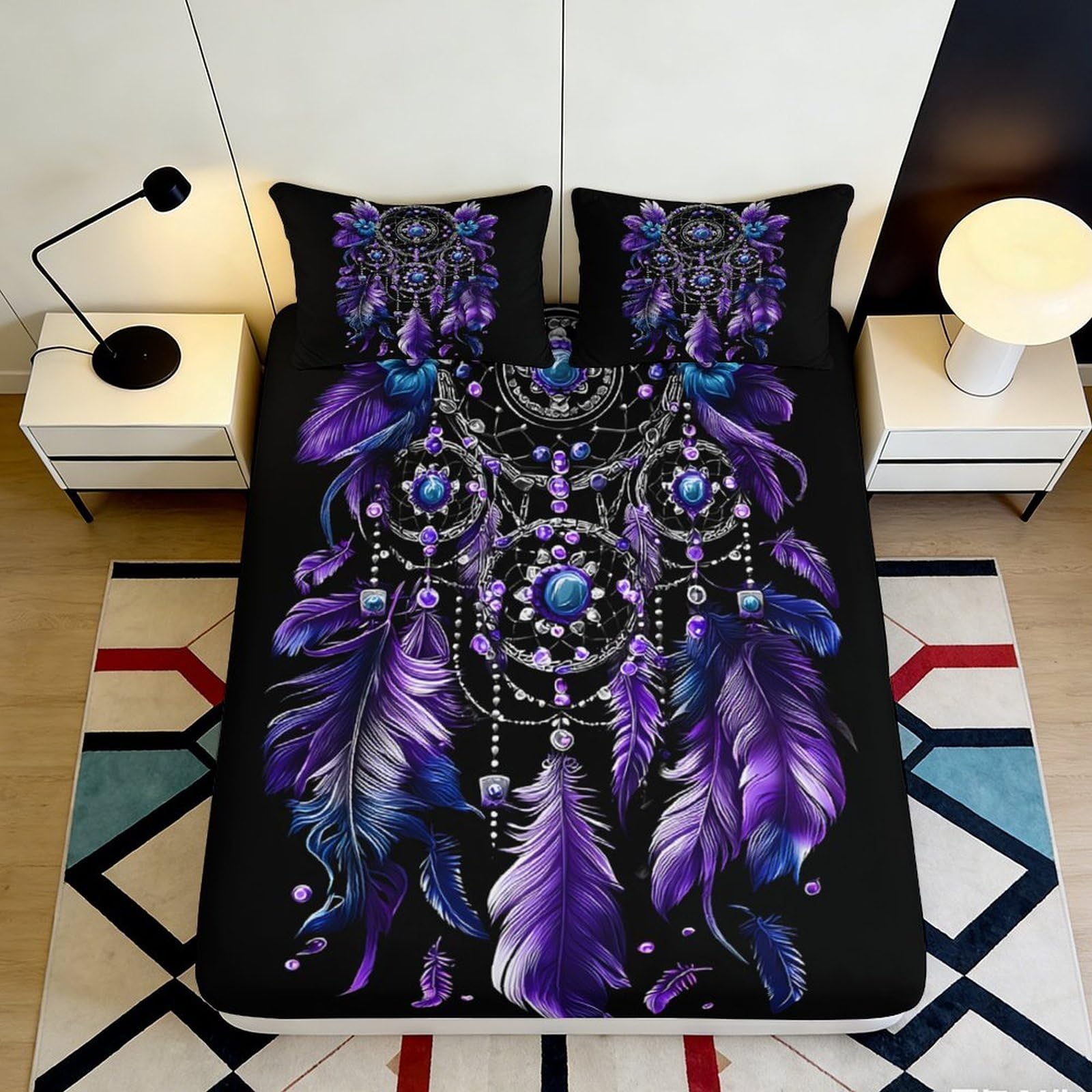 3D Printed Purple Dreamcatcher Fitted Sheet Microfiber Non-Slip Deep Pocket Bedroom Bedding Purple Feather Mattress Fitted Cover Washable 160x200x25cm