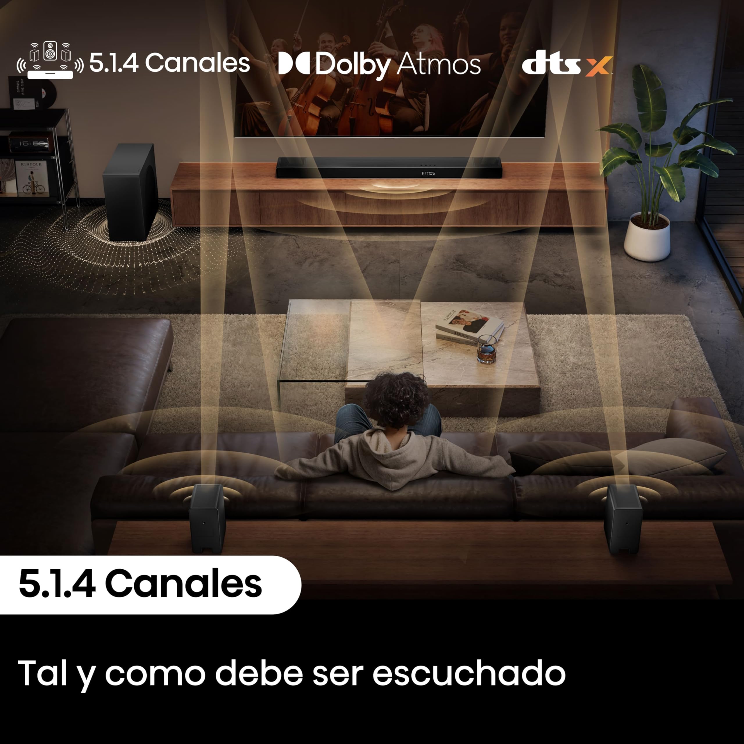 Hisense AX5140Q - Barra de Sonido 5.1.4, 600W, 13 Altavoces, Subwoofer y Altavoces Traseros Inalámbricos, Dolby Atmos, DTS:X, Ecualizador IA, Calibración Automática, Hi-Concerto, EzPlay 3.0
