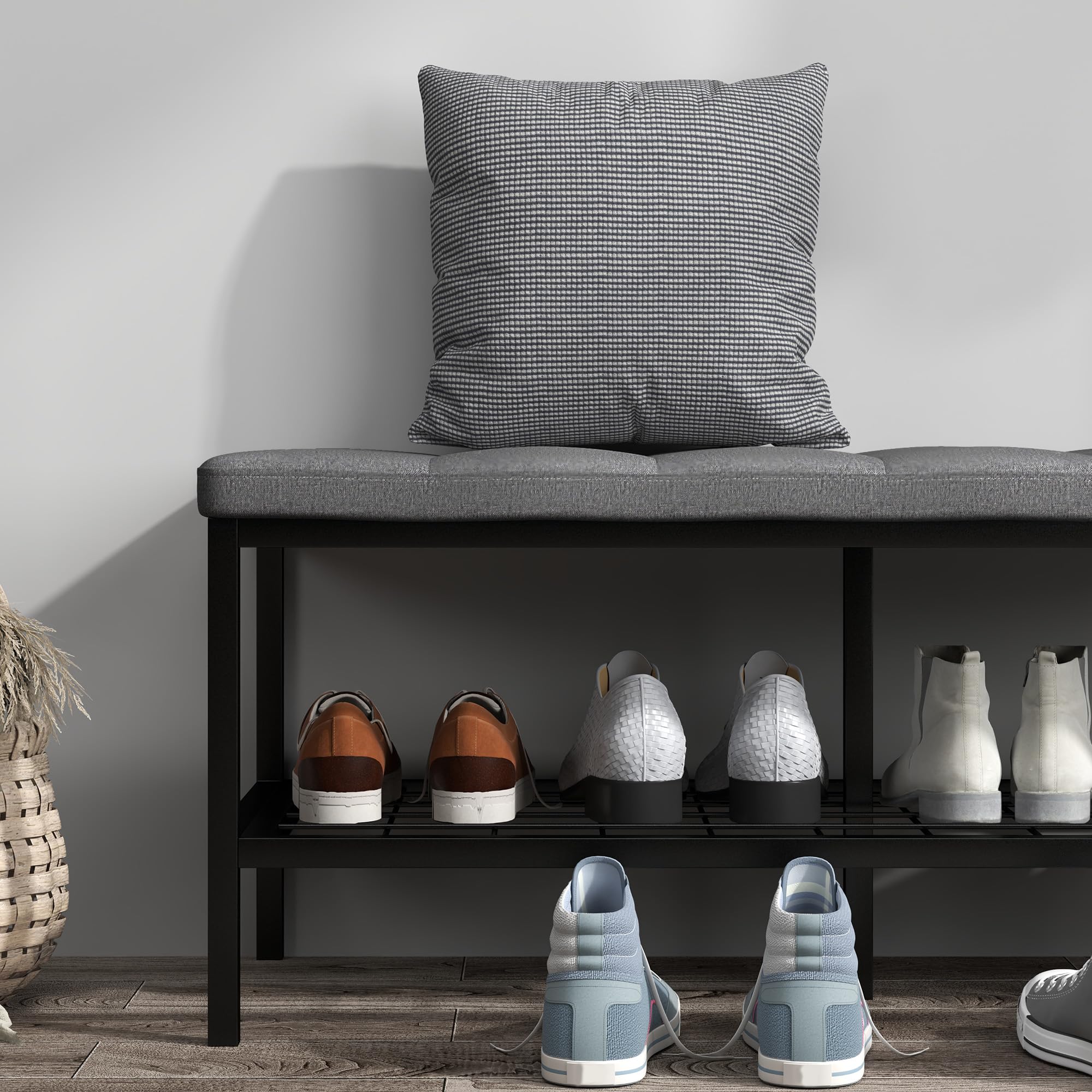 HOMCOM Schuhbank mit gepolstertem Kissen und Aufbewahrungsregal 90 x 41 x 40 cm grau