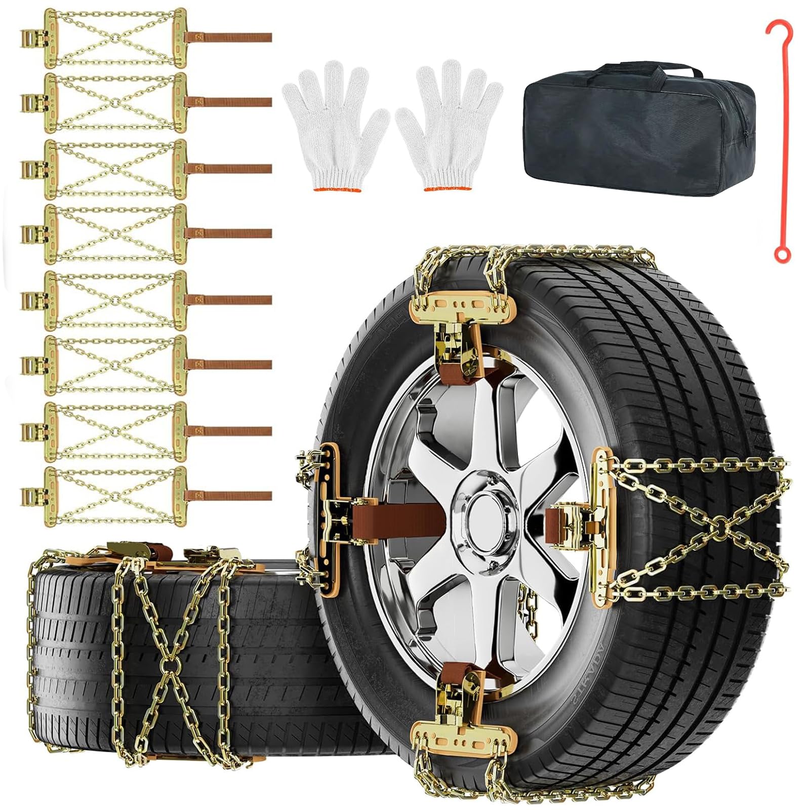 Schneeketten, 8 Stück Notfall Abschlepp Assistent Schneeketten, Universelle Tragbare Sicherheits Reifen Ketten für Auto/SUV/LKW (Reifenbreite 195–235 mm)
