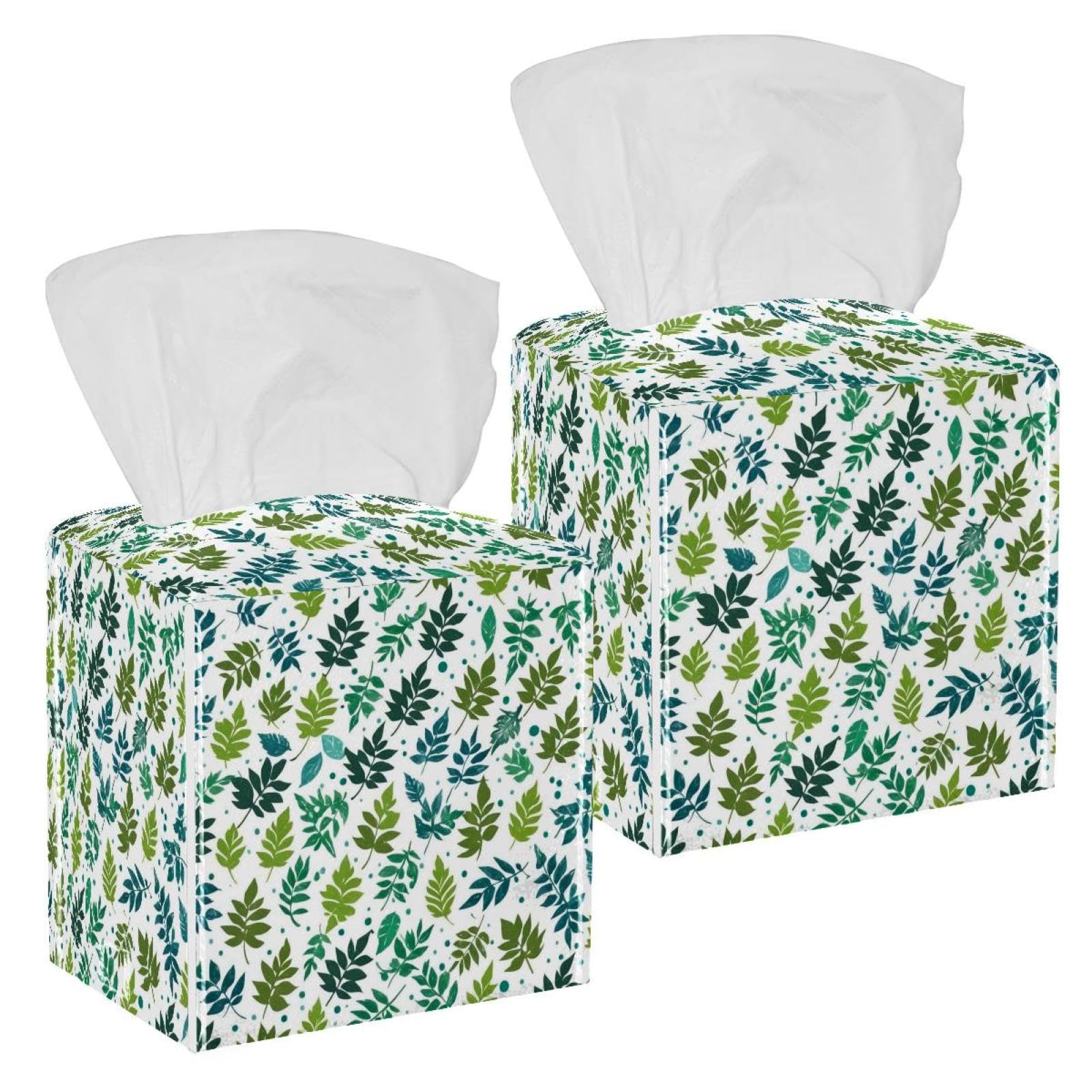 Aesthetic Leaves Tissue Box Cover, 2 Pack PU Leather Square Facial Tissue Dispenser Box holder for Home Office Car