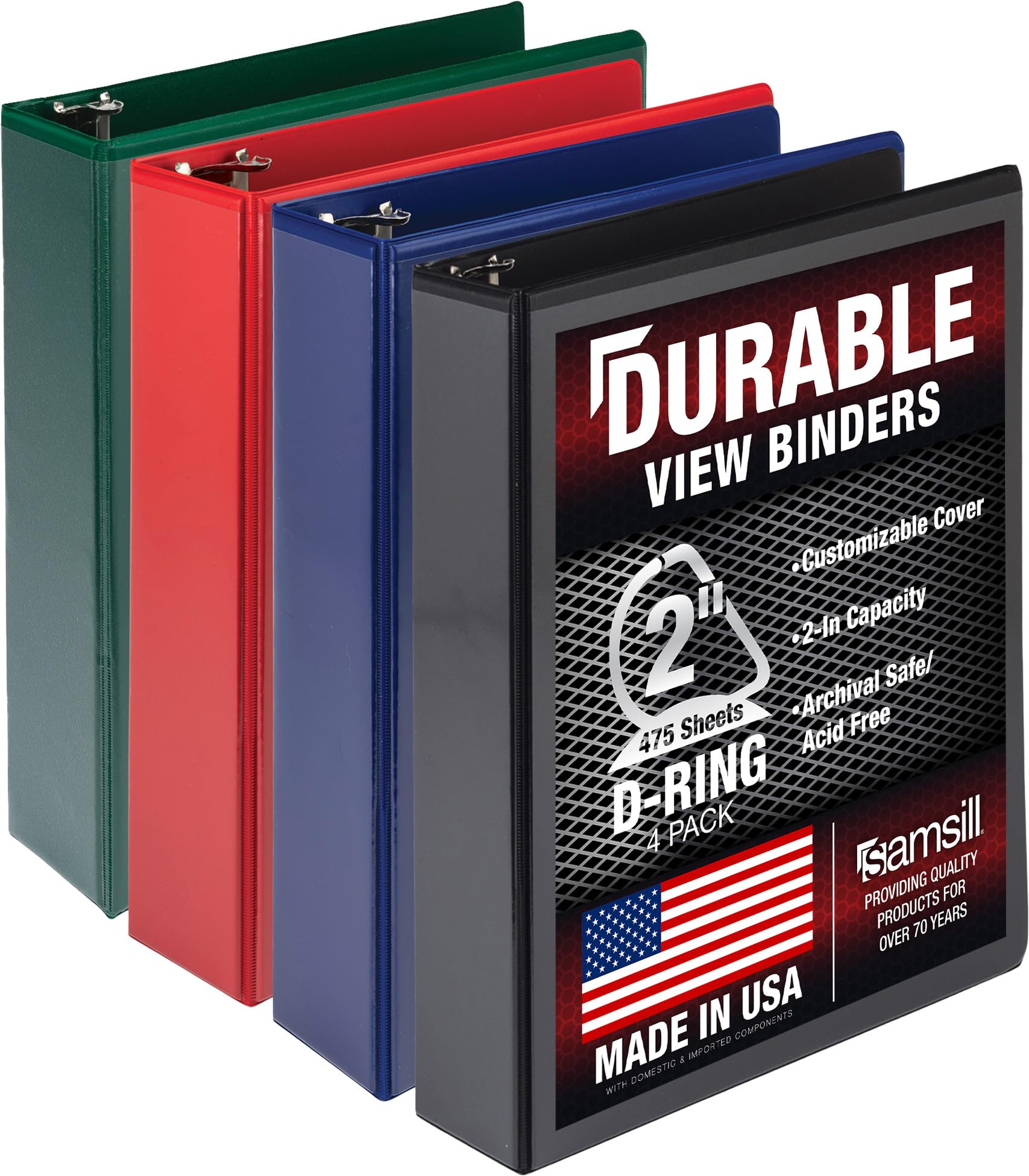 Samsill Lot de 4 classeurs durables à 3 anneaux fabriqués aux États-Unis, 5,1 cm, peut contenir 475 feuilles, couverture transparente personnalisable, assortiment de base, lot de 4 (MP46468)
