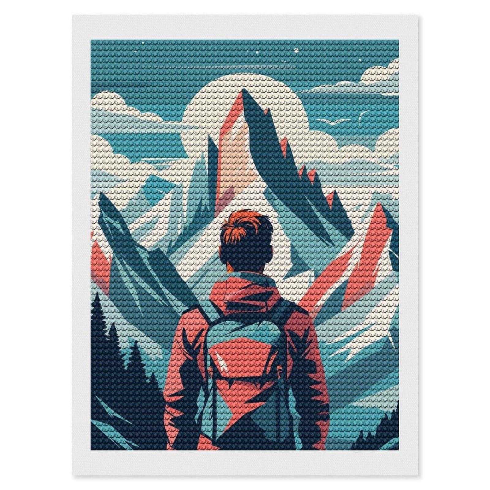 Junmoney Mountain Hiker Landscape Diamond Art Kit 12"x16", Holiday Gift Idea, for Women, Easy Handmade Project, Vintage Style Decor, Printed Canvas
