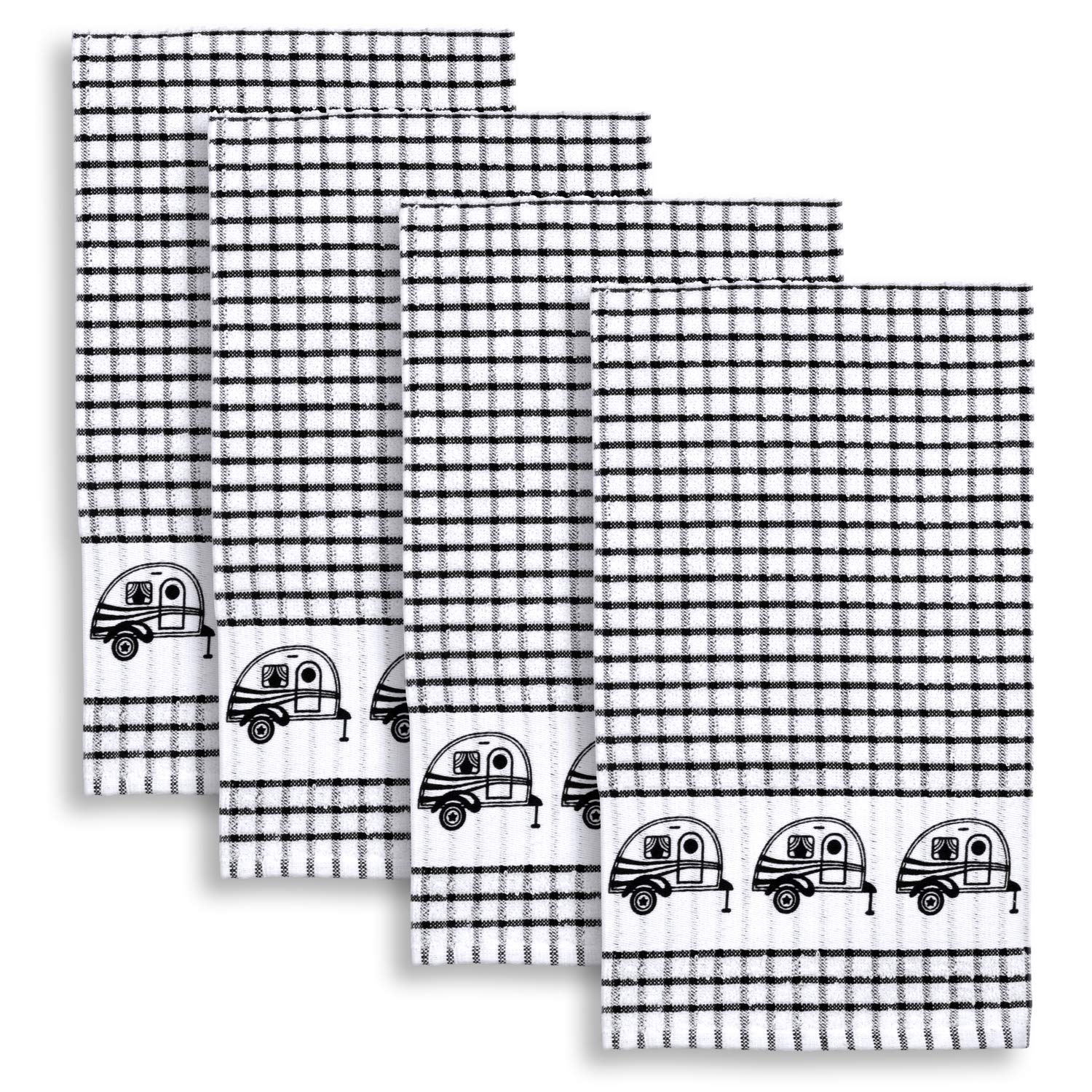 Cackleberry Home Retro Camper Windowpane Check Cotton Terrycloth Kitchen Towels, Set of 4 (Black)