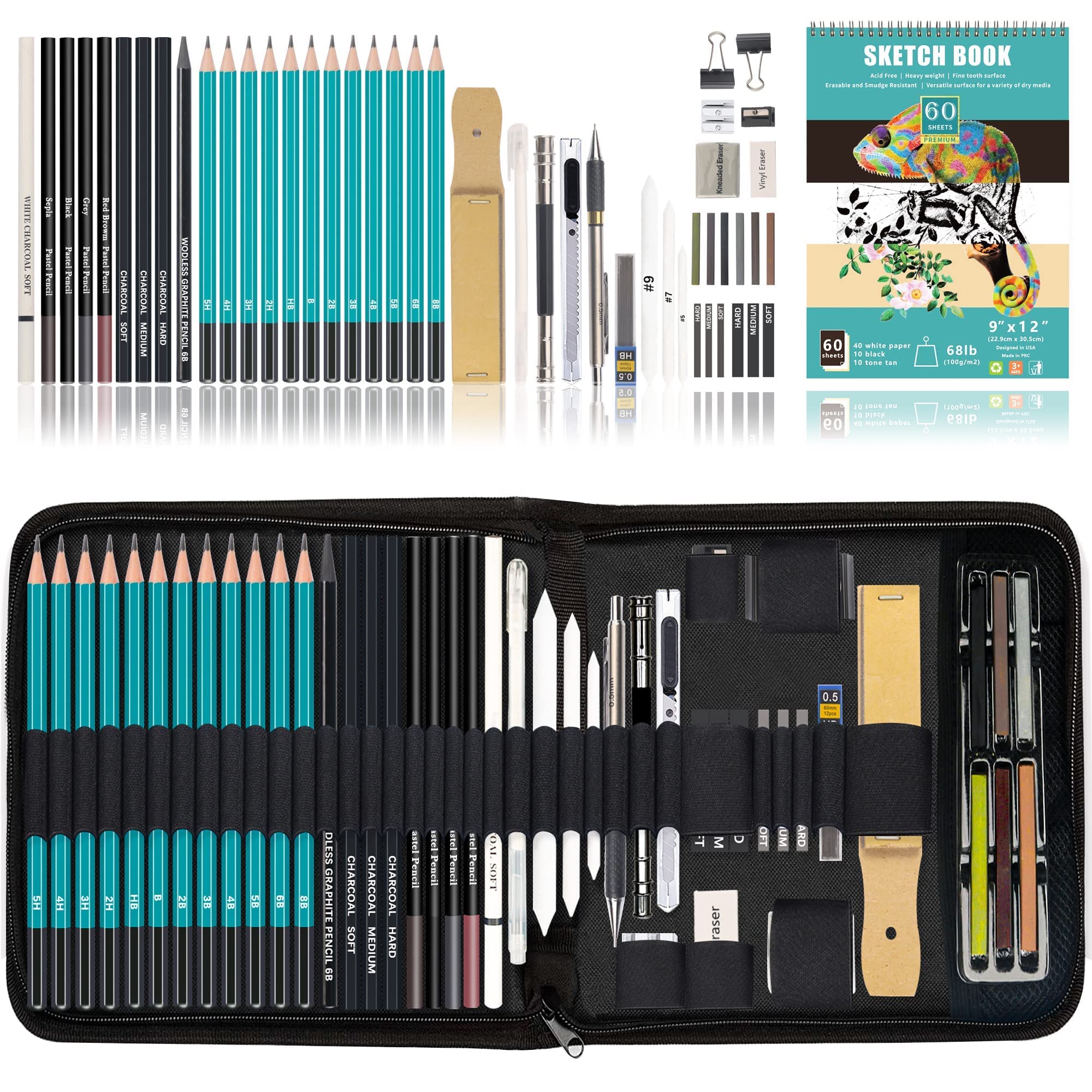 TMOHRA 50-Pack Sketch Drawing Pencils Kit with 9x 12" 3-Color Sketchbook,Premium Graphite,Charcoal and Pastel Pencils for Blending Shading,Pro Art Drawing Supplies for Artist Adults Beginner Kids