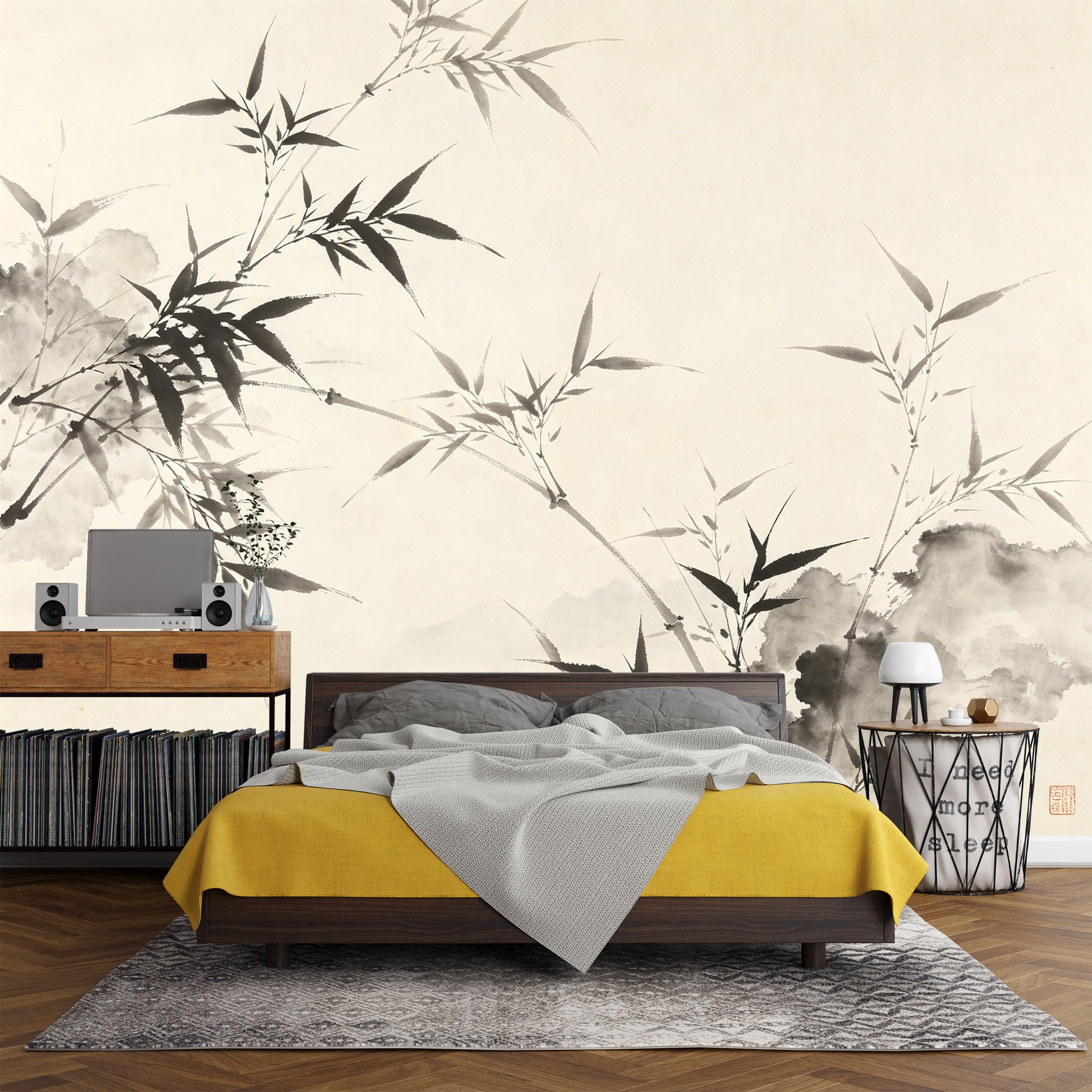 Custom Size Wall Mural， Ink Wash Bamboo Forest Minimalist Asian Botanical Watercolor Art，SelfAdhesive Art Prints wall Fabric (No PVC) Removable Wallpaper Living Room Decor