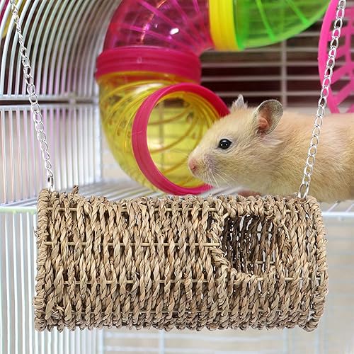 Miniatura 8 de POPETPOP Túnel de hierba para hámster, casa de túnel para mascotas, centro de actividades para animales pequeños, nido de hámster tejido de paja,