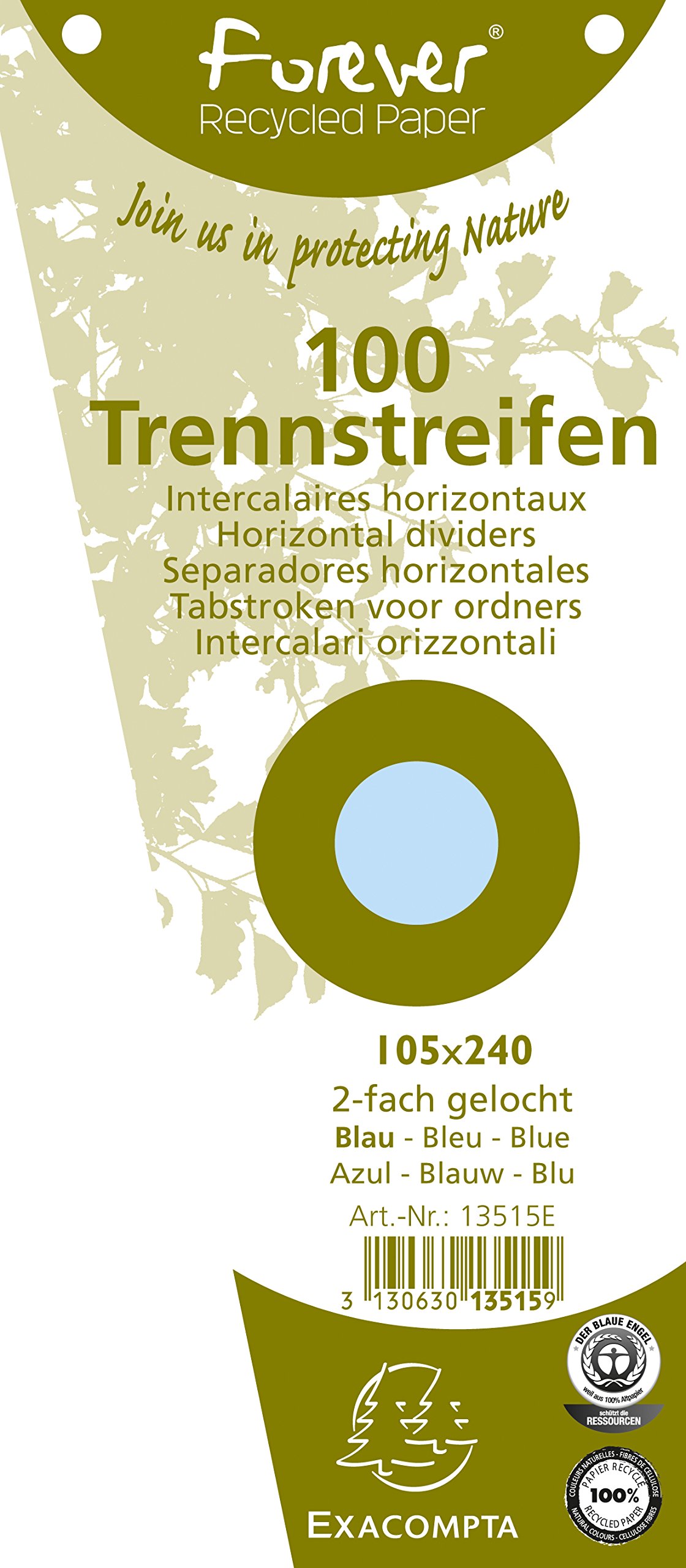 Exacompta Forever Recycled Punched Card Dividers, 105 x 240 mm - Blue (100 Pack)