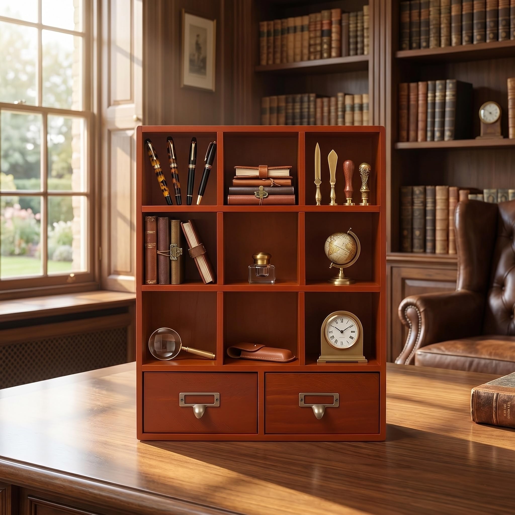 Organizzatore da Scrivania in Legno con 9 Cassetti, Contenitore Multi-Scomparto in Stile Farmacia per Ufficio, Camera da Letto E Trucco - Elegante Portadocumenti E Mensola da Scrivania