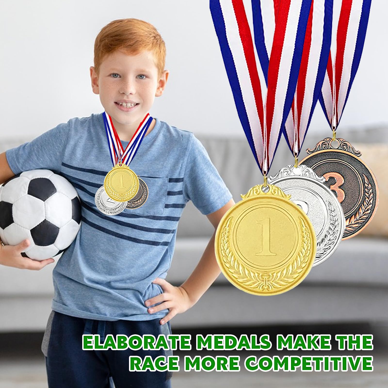 Set di 12 medaglie in metallo per bambini, medaglie per 1°, 2°, 3°, oro, argento, bronzo, medaglie da calcio per bambini, medaglie sportive da 5,1 cm con nastro per adulti, premio vincitore
