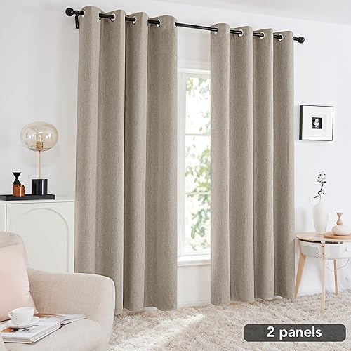 Miniatura 3 de Deconovo Juego de 2 paneles de cortinas 100% opacas de lino de 84 pulgadas de largo, cortinas bohemias con aislamiento térmico para sala de estar,