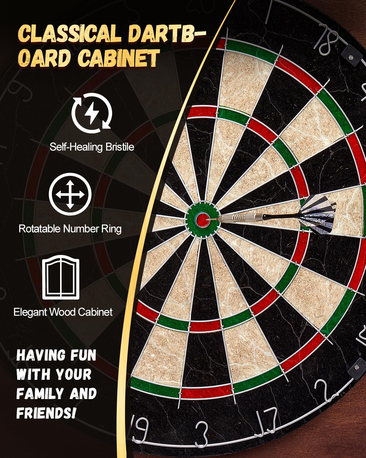 Dartscheibe Steeldart, Dekoratives Sisal Dartscheibe Schrank-Set [12* Steeldart], Profi Steel Dart Scheibe mit Türen- Holzschranktüren mit Integrierter Anzeigetafel [Coffee]