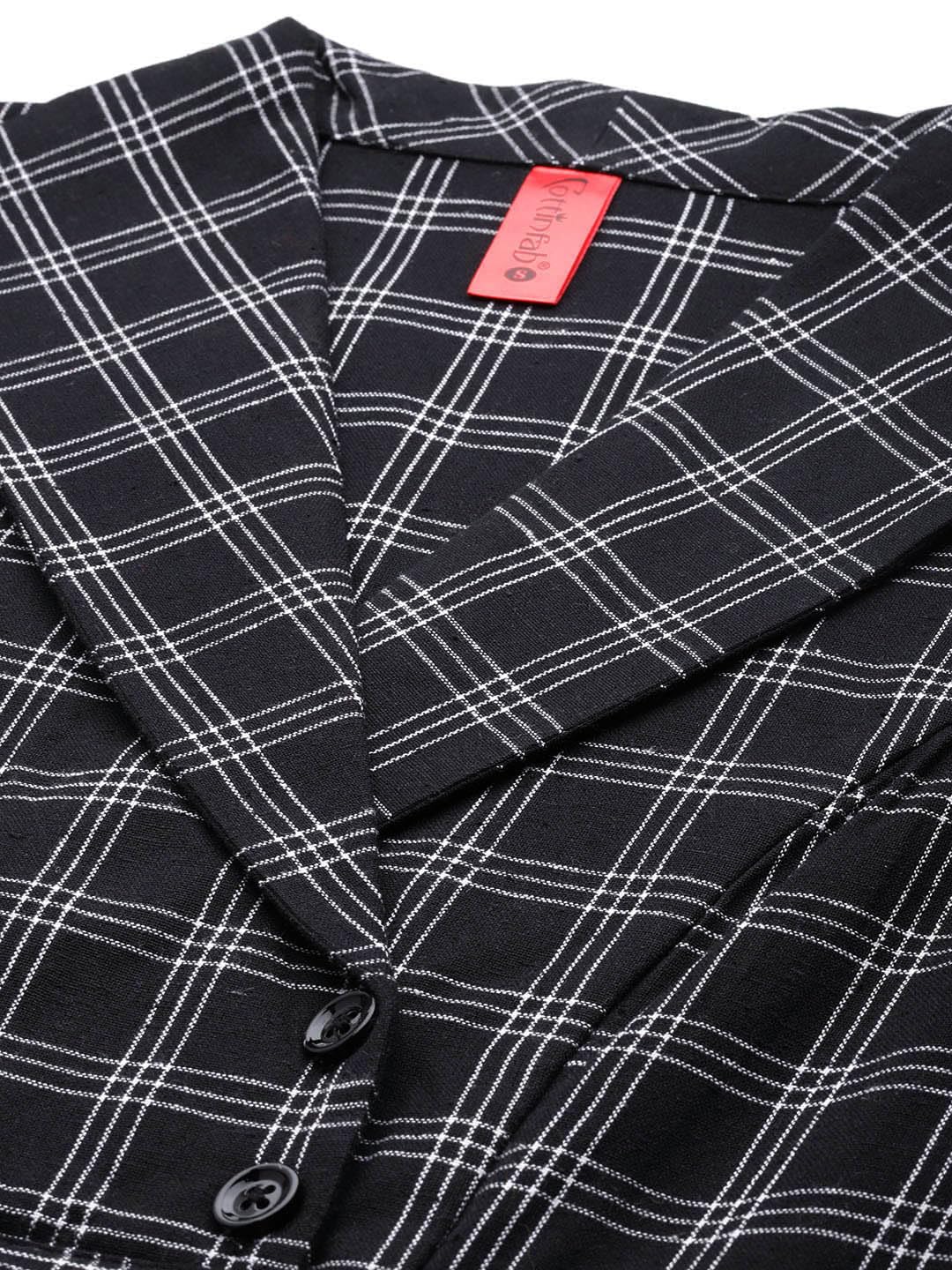 Cottinfab Women Black and White Checked Cotton Lapel Collar Blazer Pleated Knee-Length Dress Long Sleeves, Large 1