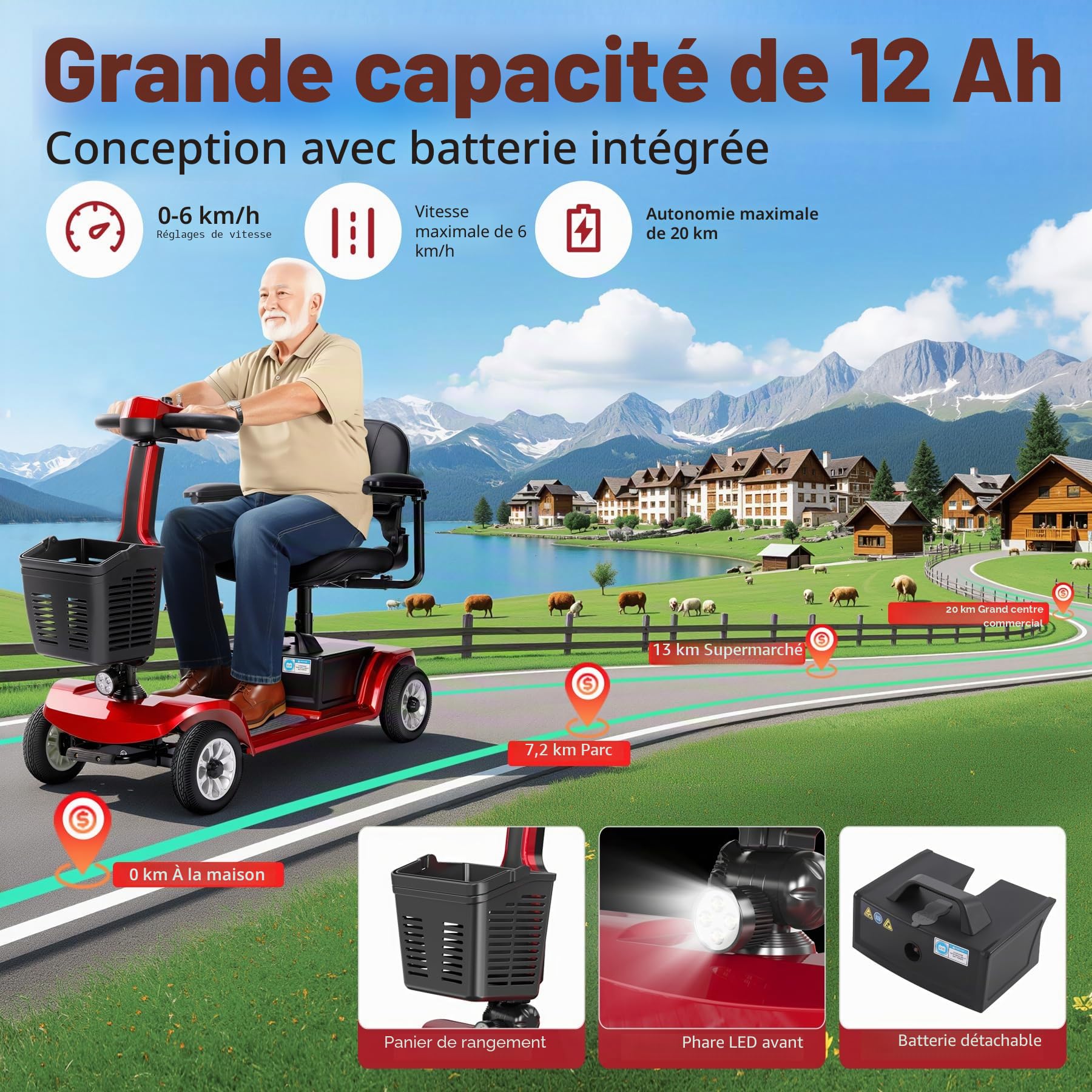 Scooter électrique pour seniors 22 km Scooter pliable à 4 roues avec panier Batterie légère Capacité de charge jusqu'à 190 kg Scooter électrique