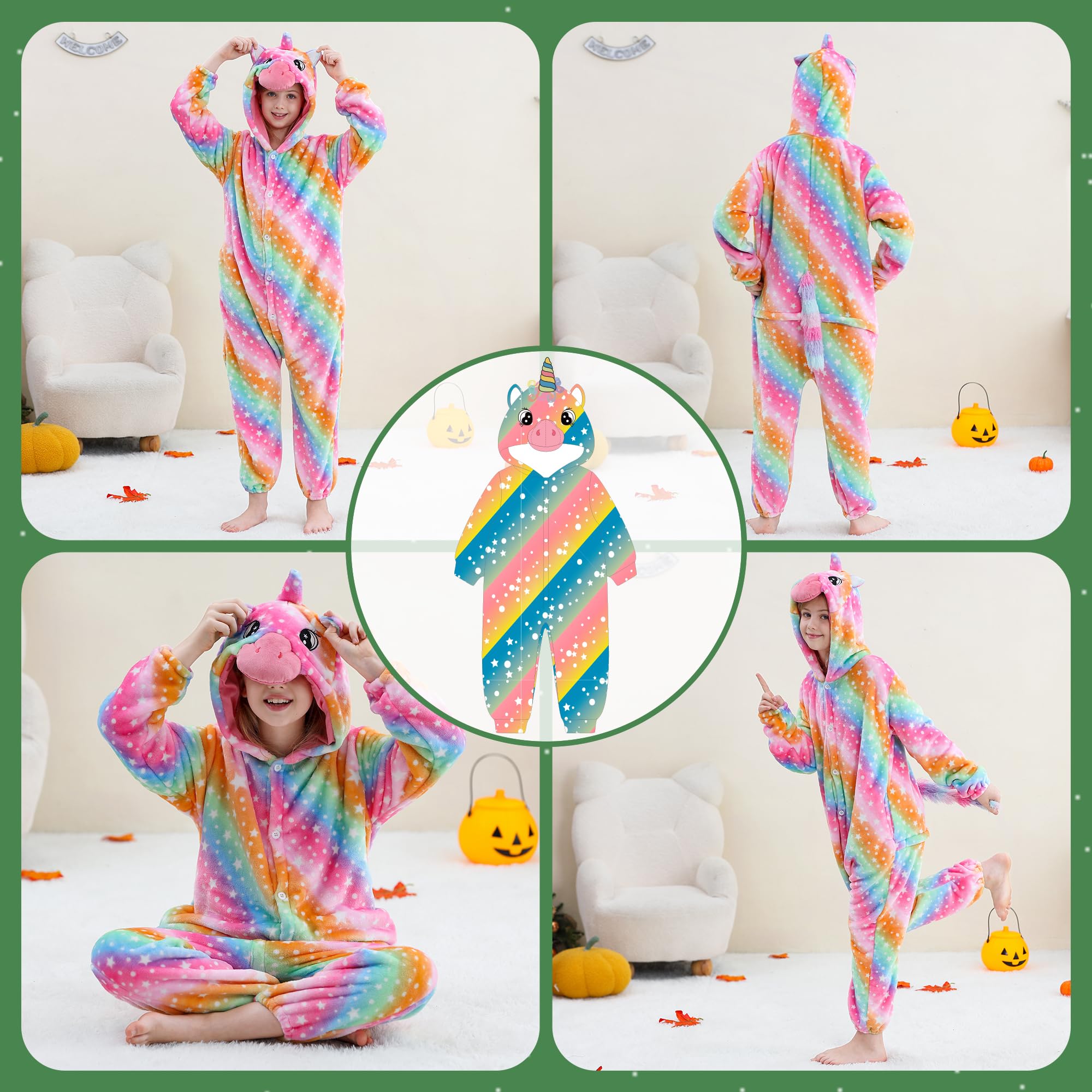 HAHASHOW Unisex dziecięcy kombinezon z kapturem ze zwierzętami, flanelowy kombinezon na jesień zimę, odzież z kreskówki na Halloween