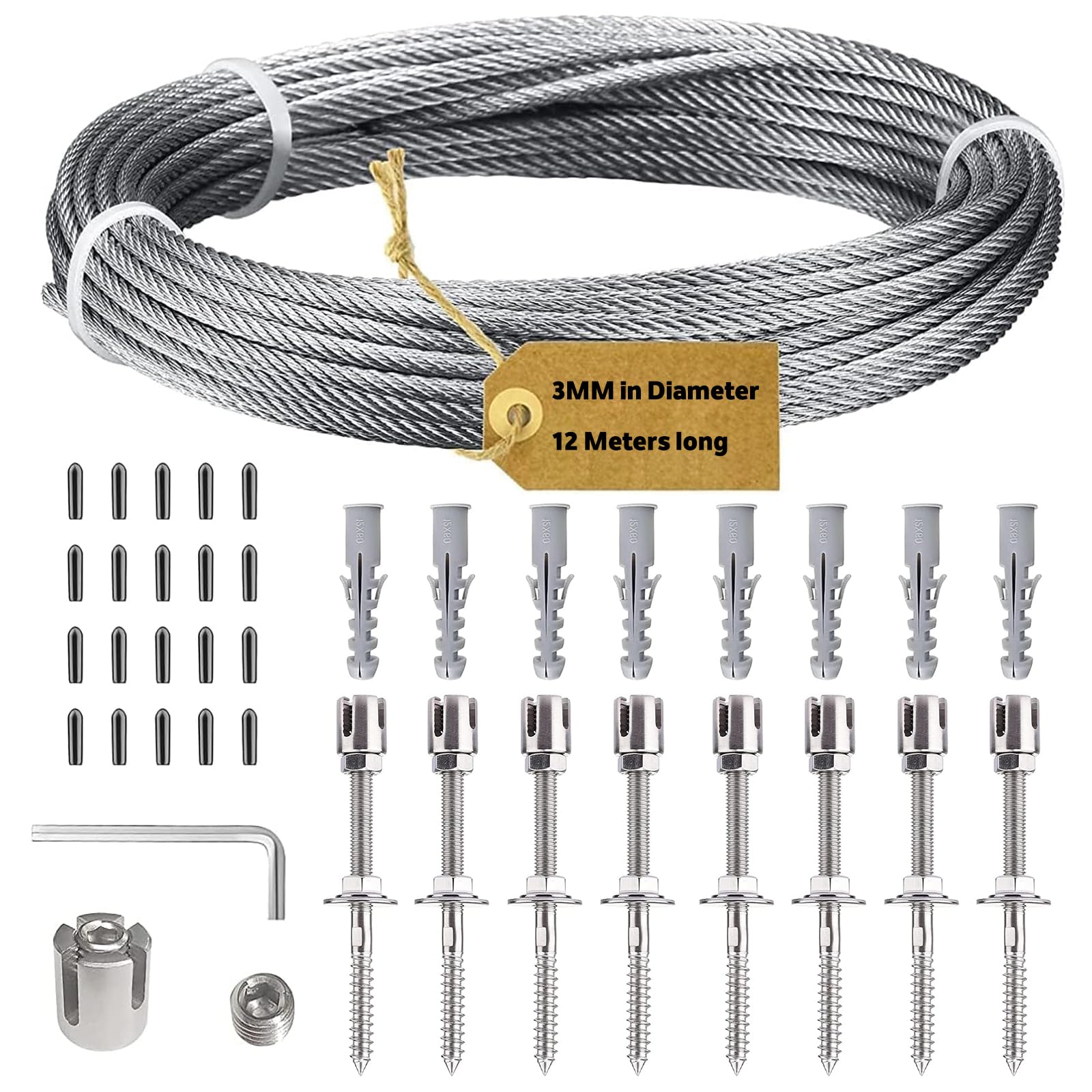 Supporto per Piante Rampicanti, Traliccio in Filo Giardino in Acciaio Inox per, Pianta Rampicante Telaio Supporto Rete Piante Rampicanti con 8 Supporti a Parete e 3mm Corda in Acciaio da 12m