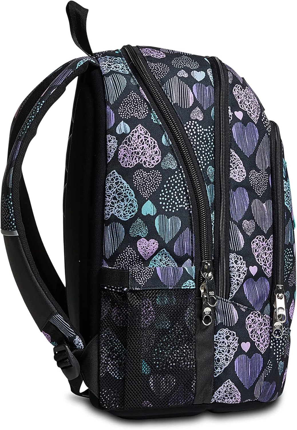 Zaino Scuola Seven Advanced - Patchyheart Girl Ragazza - Nero fantasia cuori - Doppio scomparto - Tasca porta borraccia Zaino Scuola Seven Advanced - Patchyheart Girl Ragazza - Nero fantasia cuori - Doppio scomparto - Tasca porta borraccia