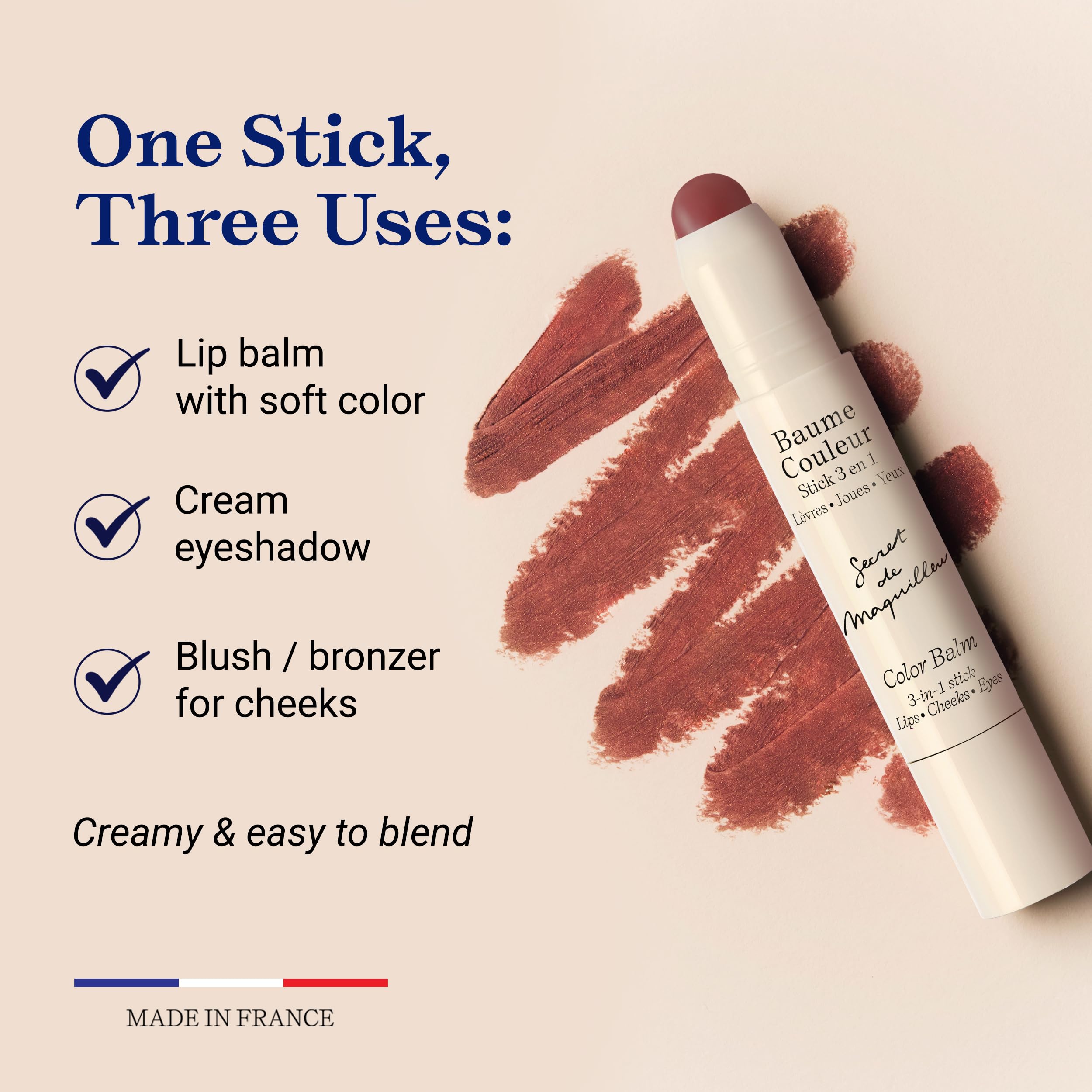 Embryolisse Color Balm 3-in-1 Stick, Mocha, Multi-Use Tint for Eyes Lips & Cheeks, Hydrating Balm with Centella Asiatica & Aloe Vera, Vegan, Fragrance Free, 0.08 oz