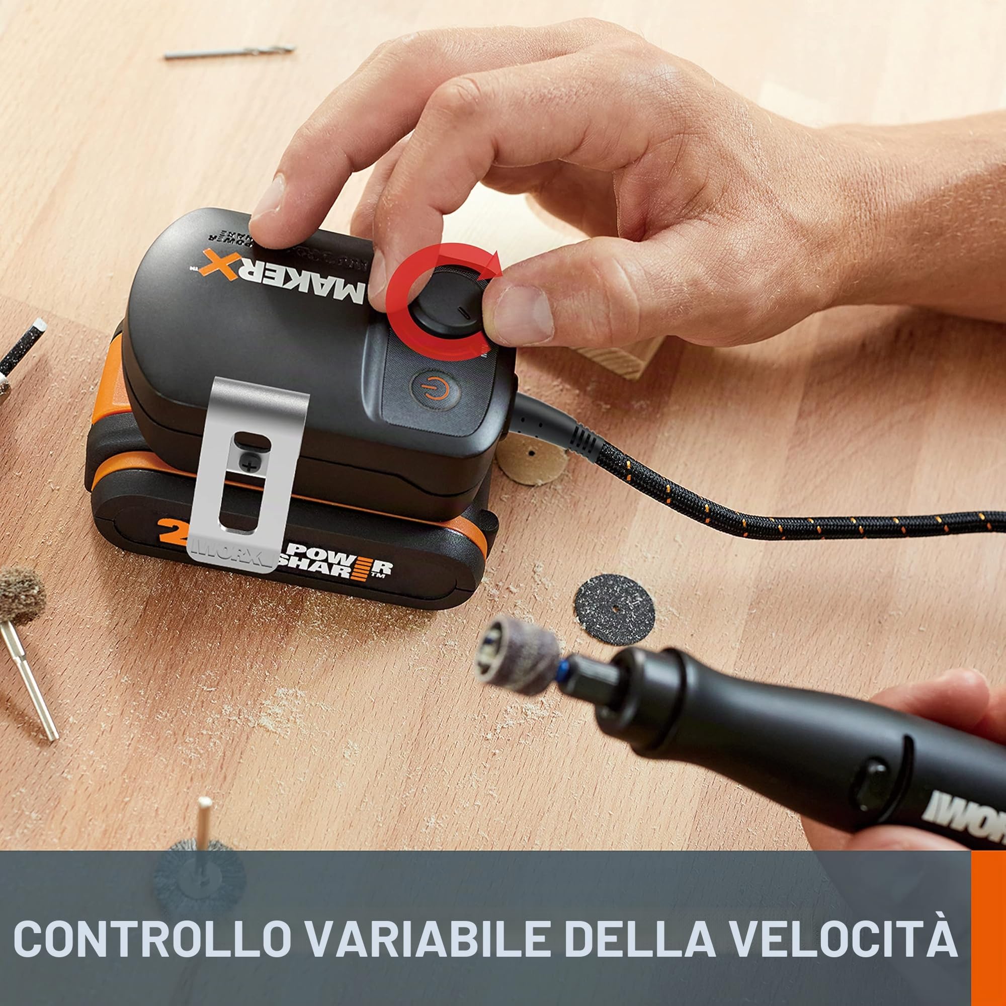 WORX 18V(20V MAX) Adattatore MakerX HubX WA7161, PowerShare, Controllo Velocità Variabile, Porta USB, Gancio per Cintura, Alimenta Tutti gli Utensili MakerX