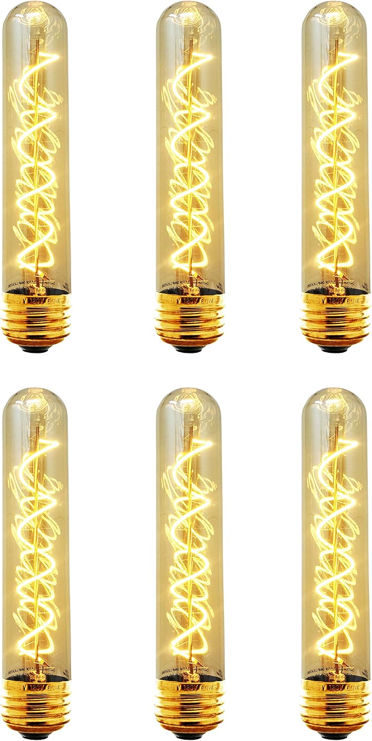 Xtricity Vintage T30 8 Inch Tubular Edison Style LED Light Bulb, Decorative Spiral Filament, 5W (60W Replacement), Dimmable, 350 Lumens, E26 Medium Base, 2200K, 120V, (6 Pack)