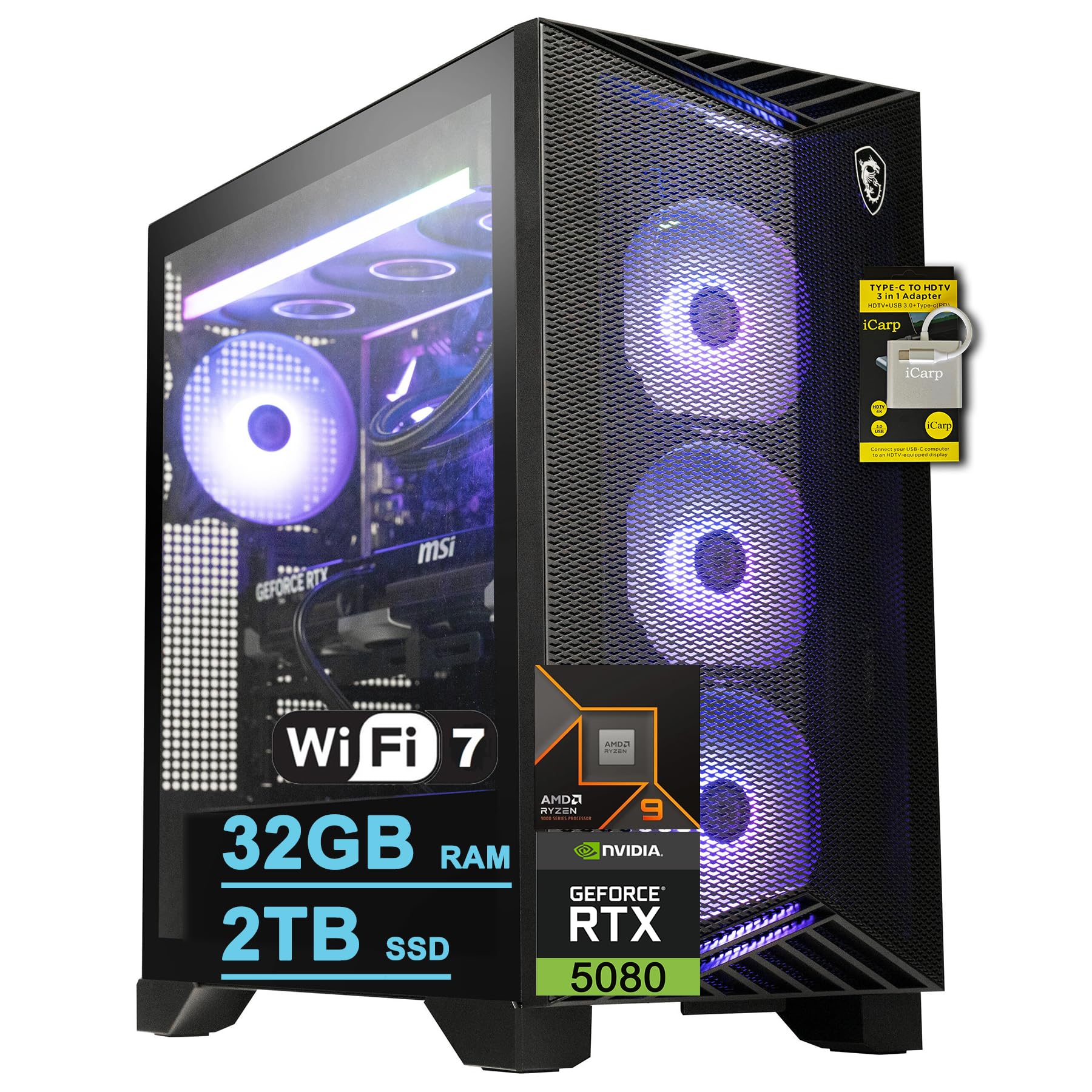 msi Aegis ZS2 Gaming Desktop AMD 12-core Zen 5 Ryzen 9 9900X (Beats i9-14900HX) 32GB DDR5 2TB SSD GeForce RTX 5080 DLSS4 360mm Liquid Cooler 850W 80+ Gold PSU Support HDD Win11 w/ICP Hub