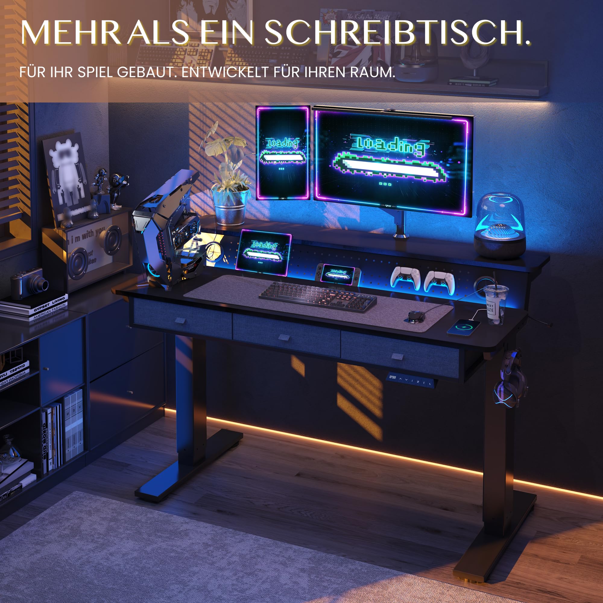 FLEXISPOT Höhenverstellbarer Schreibtisch für Gaming, 2 Ebenen, Schwarz