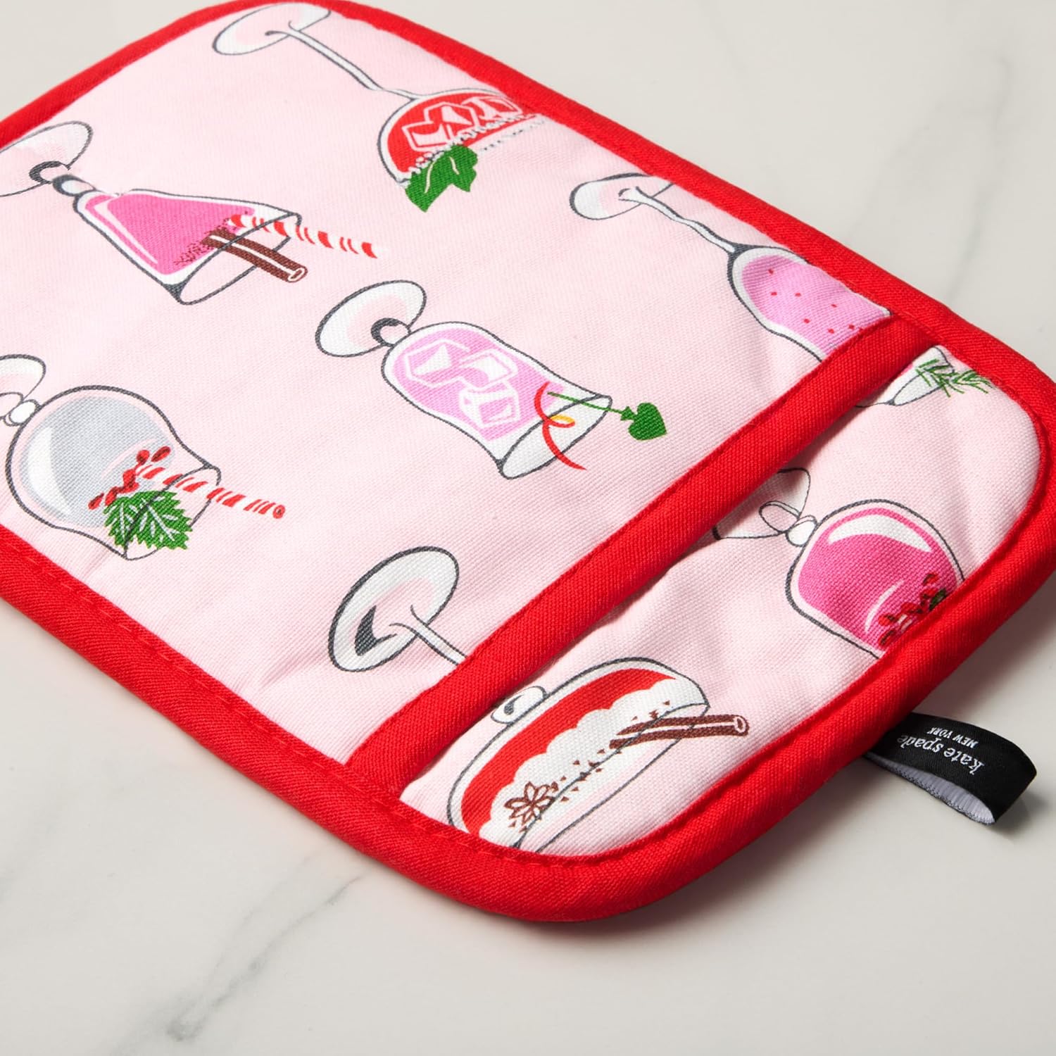 Kate Spade New York Holiday Cocktails Kitchen Towel, Oven Mitt & Pot Holder 4-Pack Set, Absorbent & Heat Resistant, 100% Cotton, Red/Pink/Green, 17"x28", 7"x13", 7"x10" - Image 5