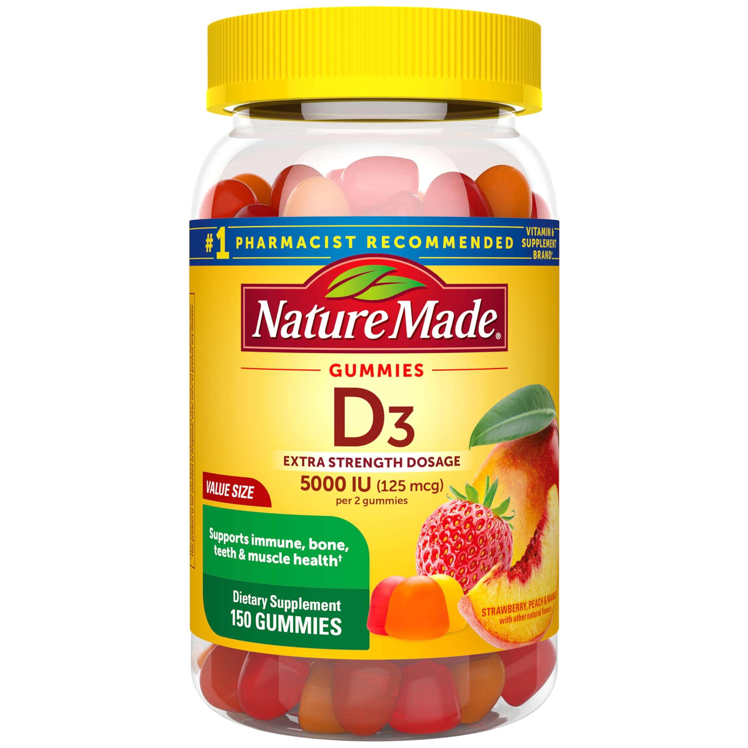 Nature Made Extra Strength Vitamin D3 5000 IU (125 mcg) per serving, Dietary Supplement for Bone, Teeth, Muscle and Immune Health Support, 150 Gummies, 75 Day Supply