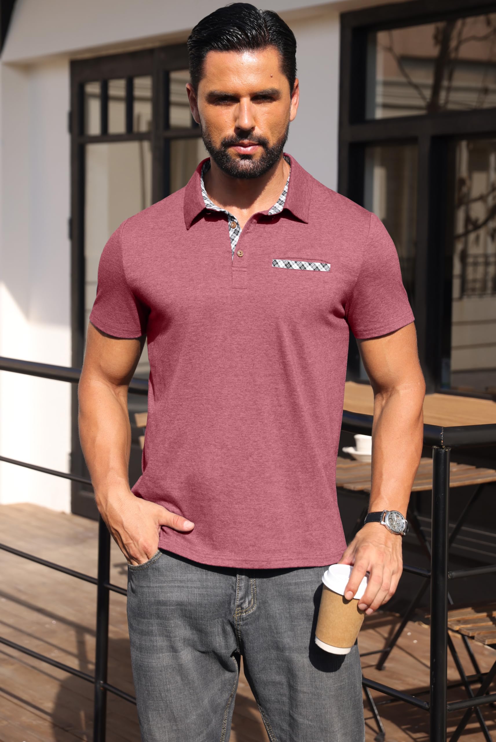 Hisir Poloshirt Herren Kurzarm Baumwolle Stretch Polo Hemd mit Kariertem Kragen & Brusttaschendetail Sommer Casual T-Shirt für Männer Business Freizeit & Golf
